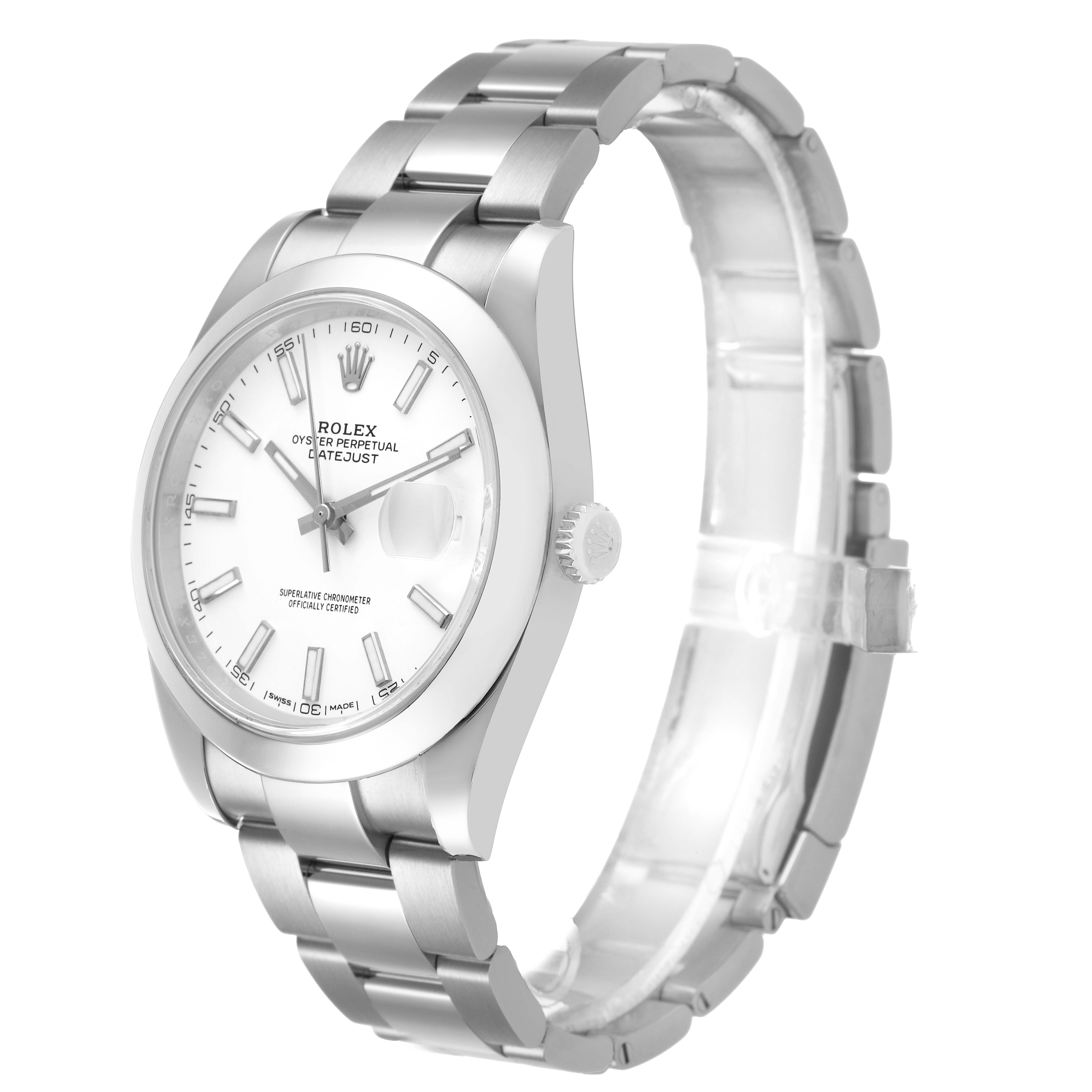 The Rolex Datejust 41 126300 Men's Stainless Steel White Dial watch is shown at a slight angle, displaying the face, bezel, crown, and part of the bracelet.