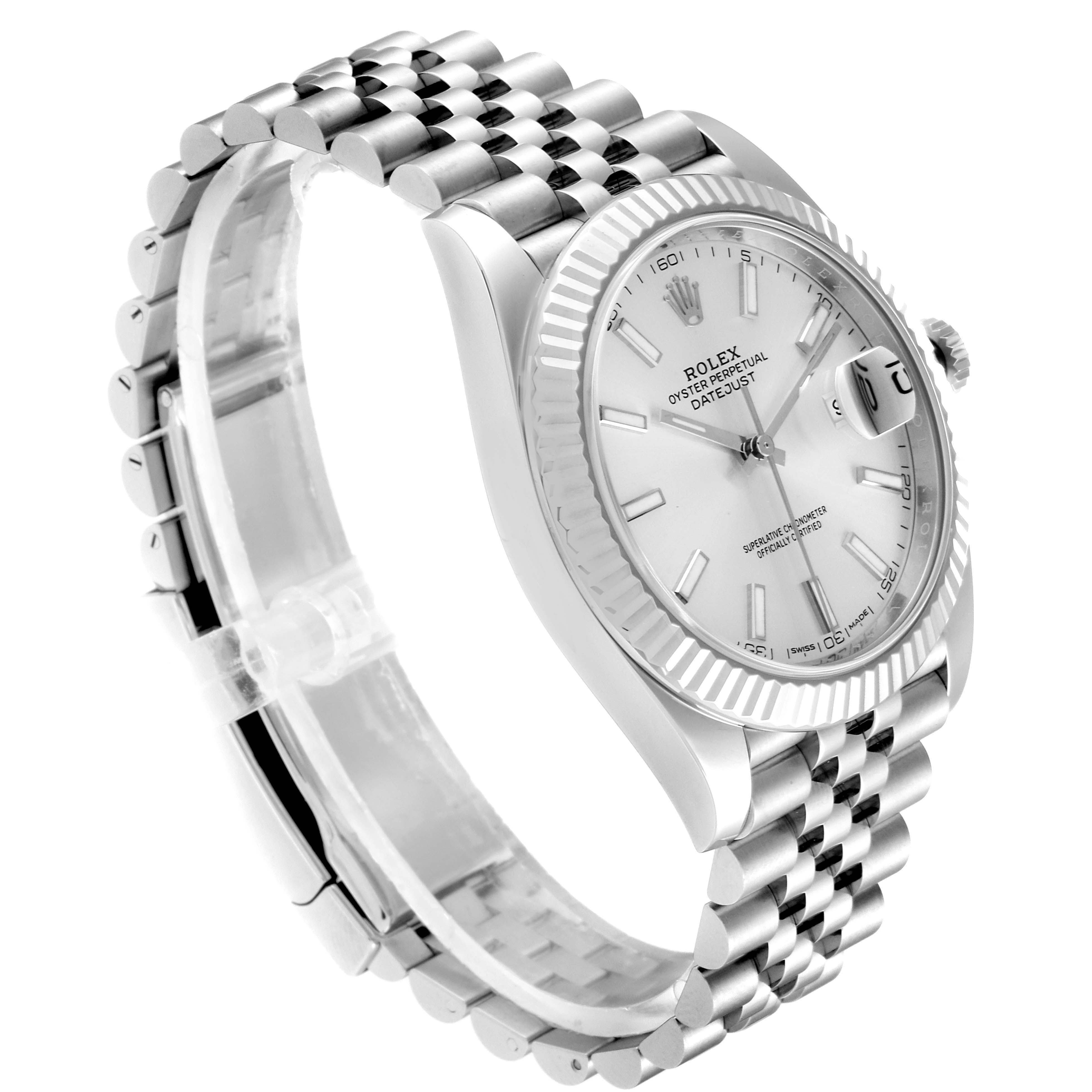 The image shows a side angle of the Rolex Datejust 41 126334 Men's Stainless Steel Silver Dial 126334 Men's Stainless Steel Silver Dial, highlighting the face, bezel, and bracelet.