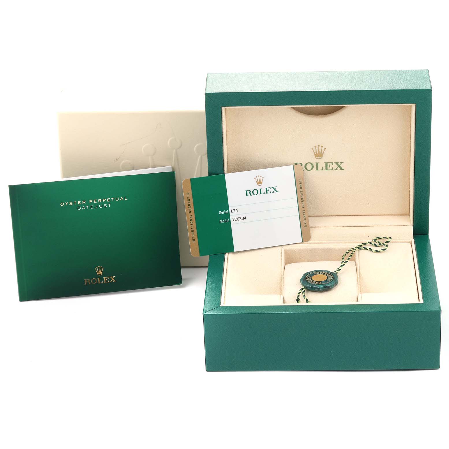 The image shows the packaging, certification card, and booklet for a Rolex Datejust 41 126334 Men's Stainless Steel Silver Dial 126334 Men's Stainless Steel Silver Dial watch.