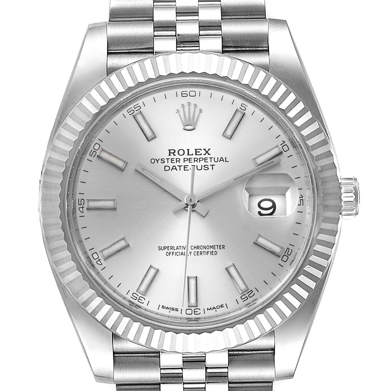 This image shows a front view of a Rolex Datejust 41 126334 Men's Stainless Steel Silver Dial 126334 Men's Stainless Steel Silver Dial watch featuring a silver dial, fluted bezel, and Jubilee bracelet.