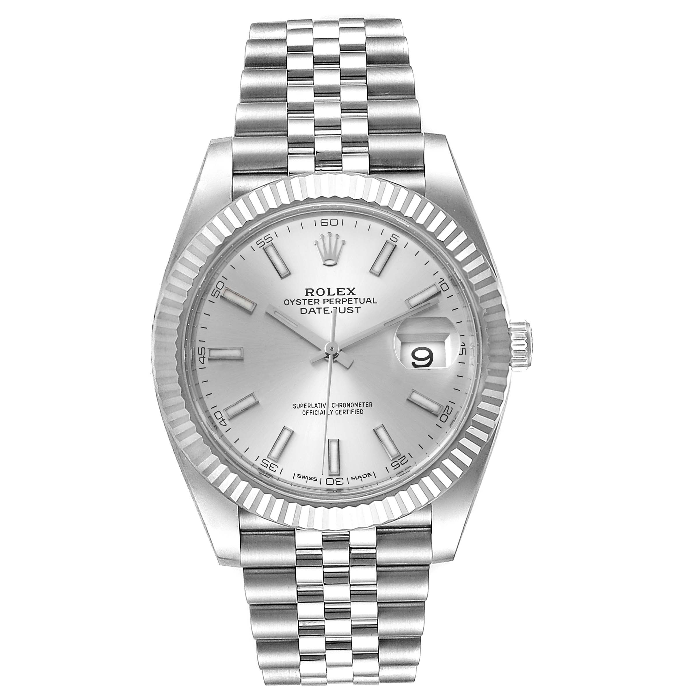 The image shows a frontal view of the Rolex Datejust 41 126334 Men's Stainless Steel Silver Dial 126334 Men's Stainless Steel Silver Dial watch, including the dial, bezel, and bracelet.
