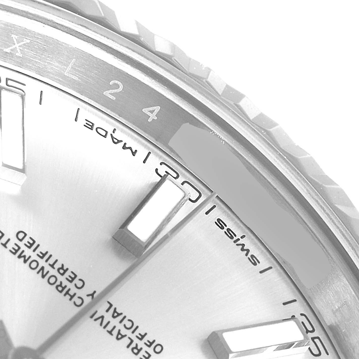 The image shows a close-up of the dial and fluted bezel of a Rolex Datejust 41 126334 Men's Stainless Steel Silver Dial 126334 Men's Stainless Steel Silver Dial model.