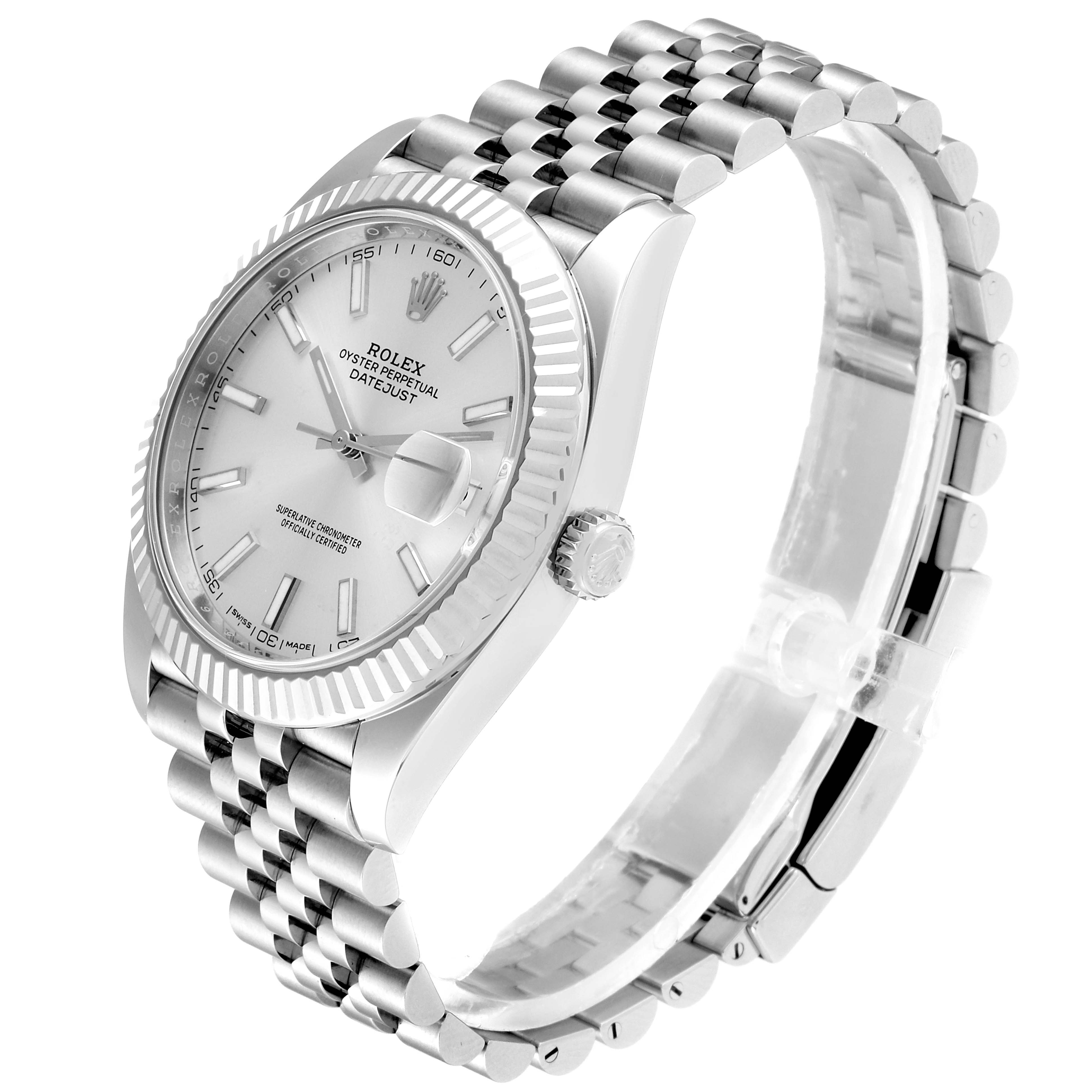 This Rolex Datejust 41 126334 Men's Stainless Steel Silver Dial 126334 Men's Stainless Steel Silver Dial model is shown at a front-right angle, displaying its face, fluted bezel, crown, and two-tone bracelet.