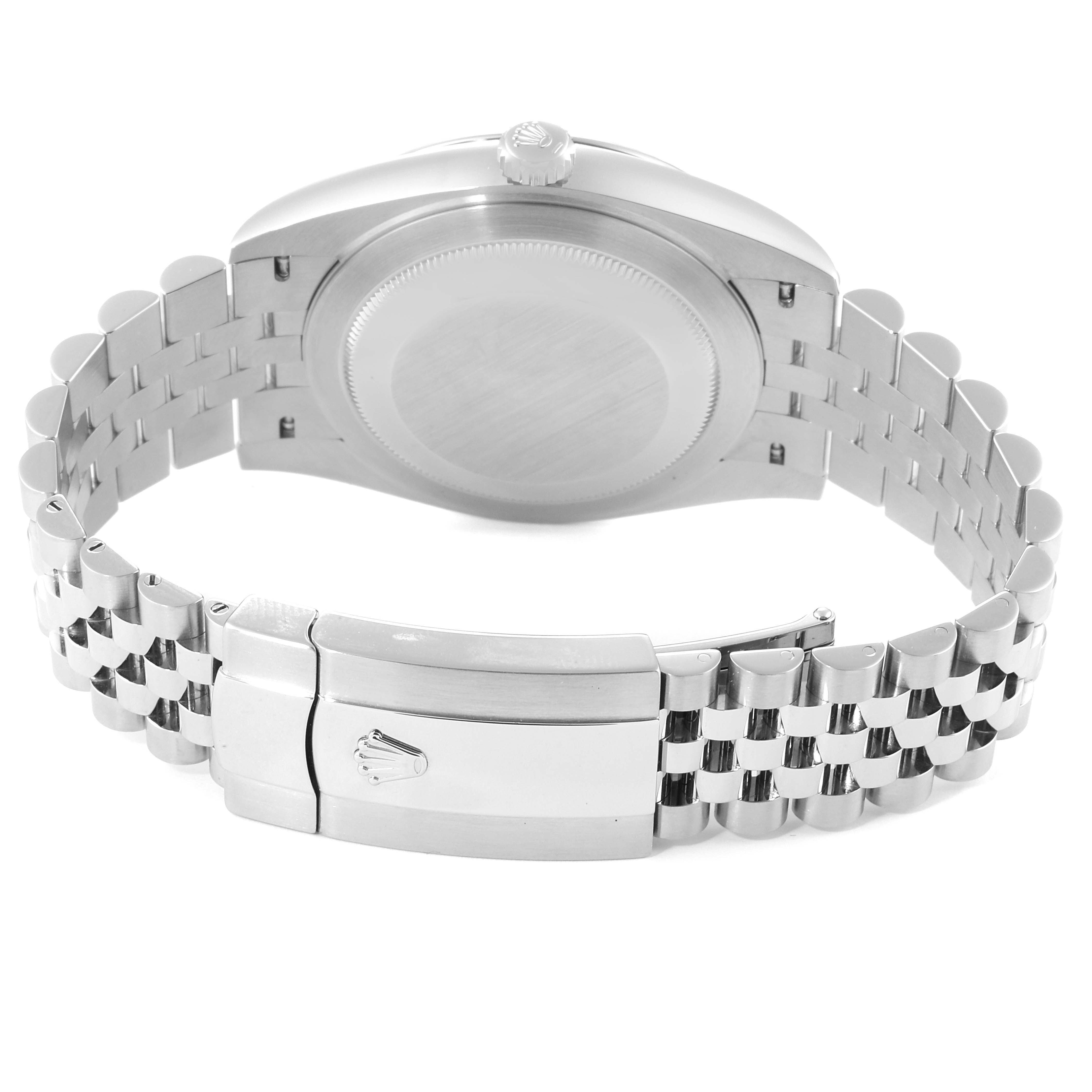The image shows the case back and clasp of a Rolex Datejust 41 126334 Men's Stainless Steel Silver Dial 126334 Men's Stainless Steel Silver Dial watch, focusing on the Jubilee bracelet.