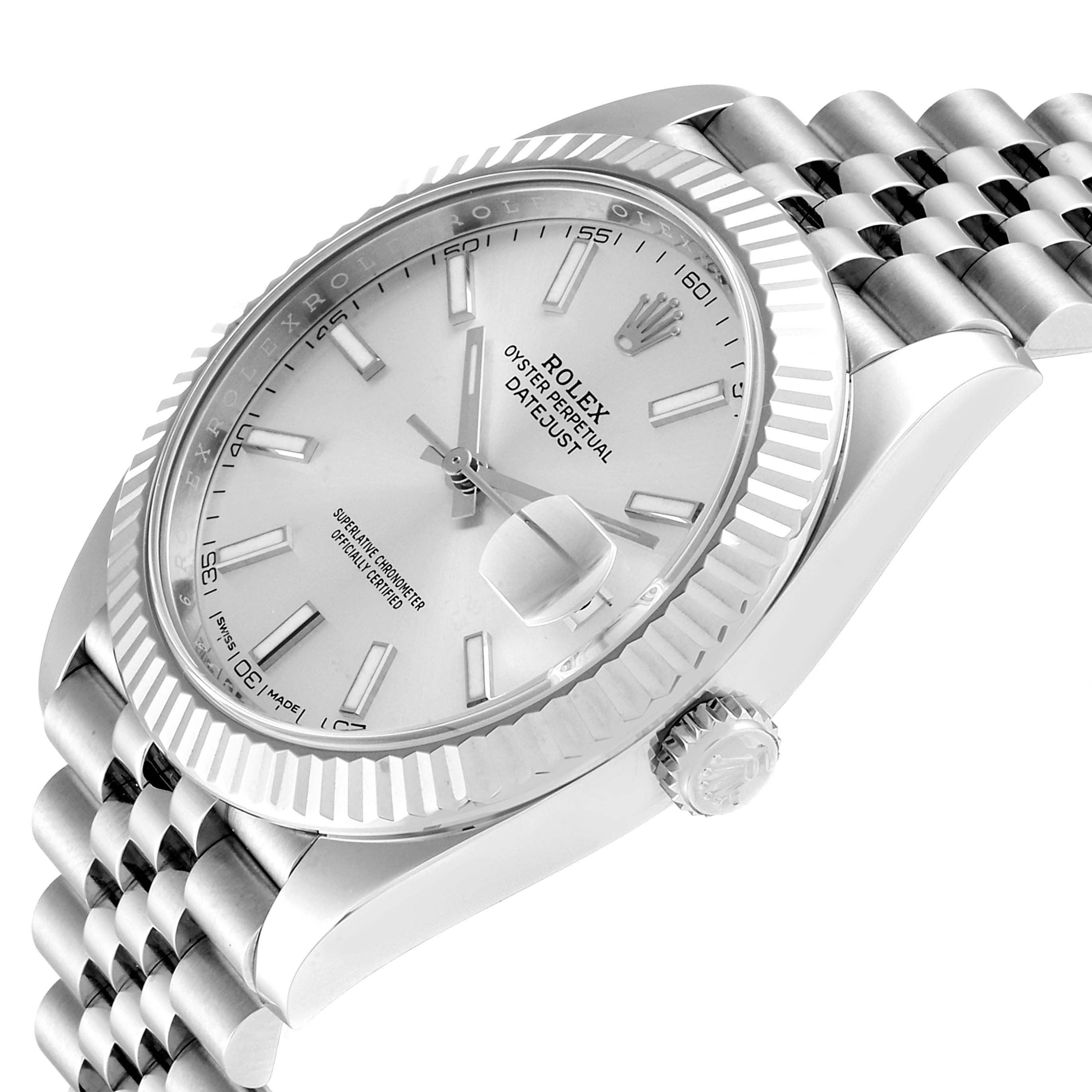 This image shows a Rolex Datejust 41 126334 Men's Stainless Steel Silver Dial 126334 Men's Stainless Steel Silver Dial watch at an angle highlighting the dial, fluted bezel, crown, and part of the Jubilee bracelet.