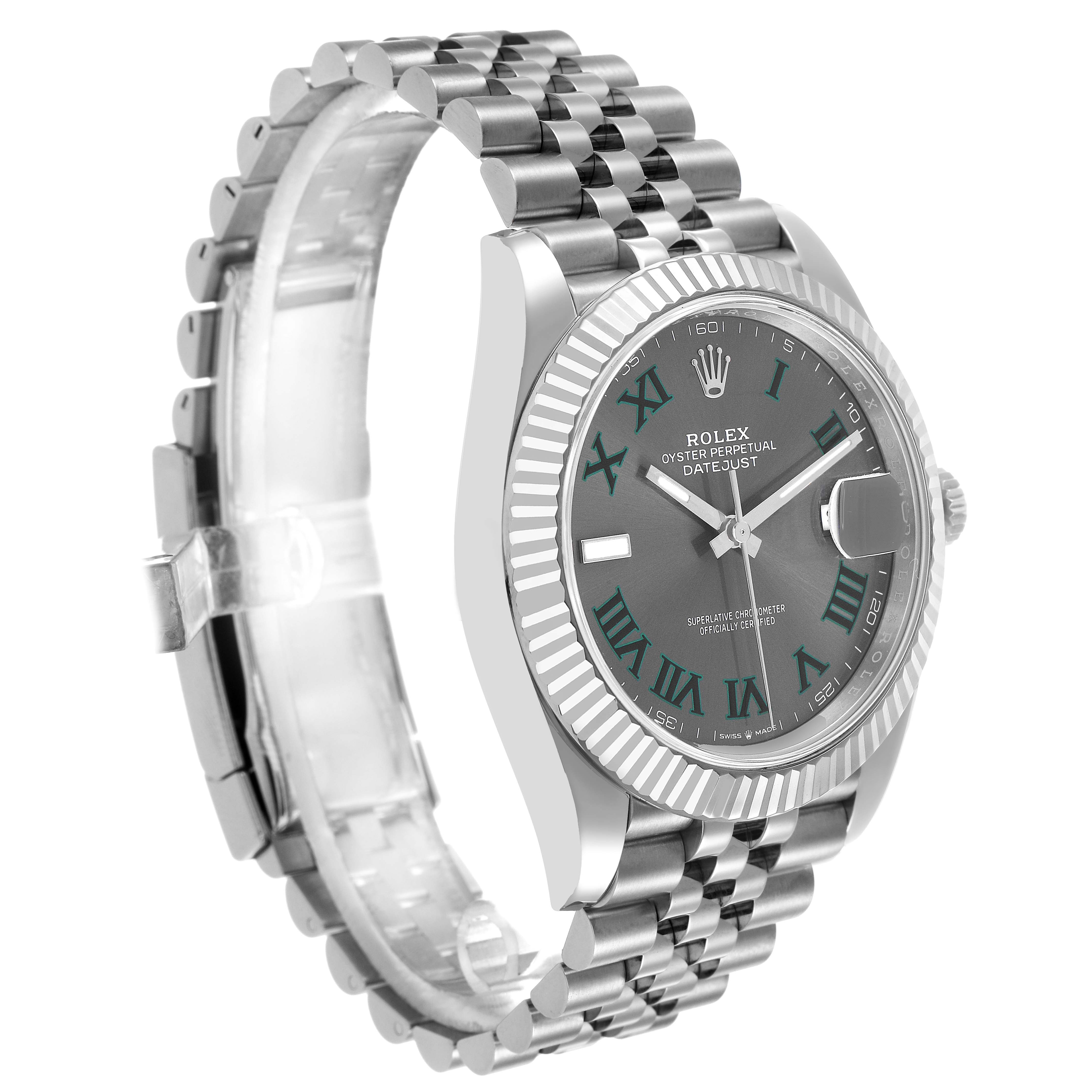 The Rolex Datejust 41 126334 Men's Stainless Steel Grey Dial is shown from a front-side angle, displaying the dial, bezel, crown, and part of the bracelet.