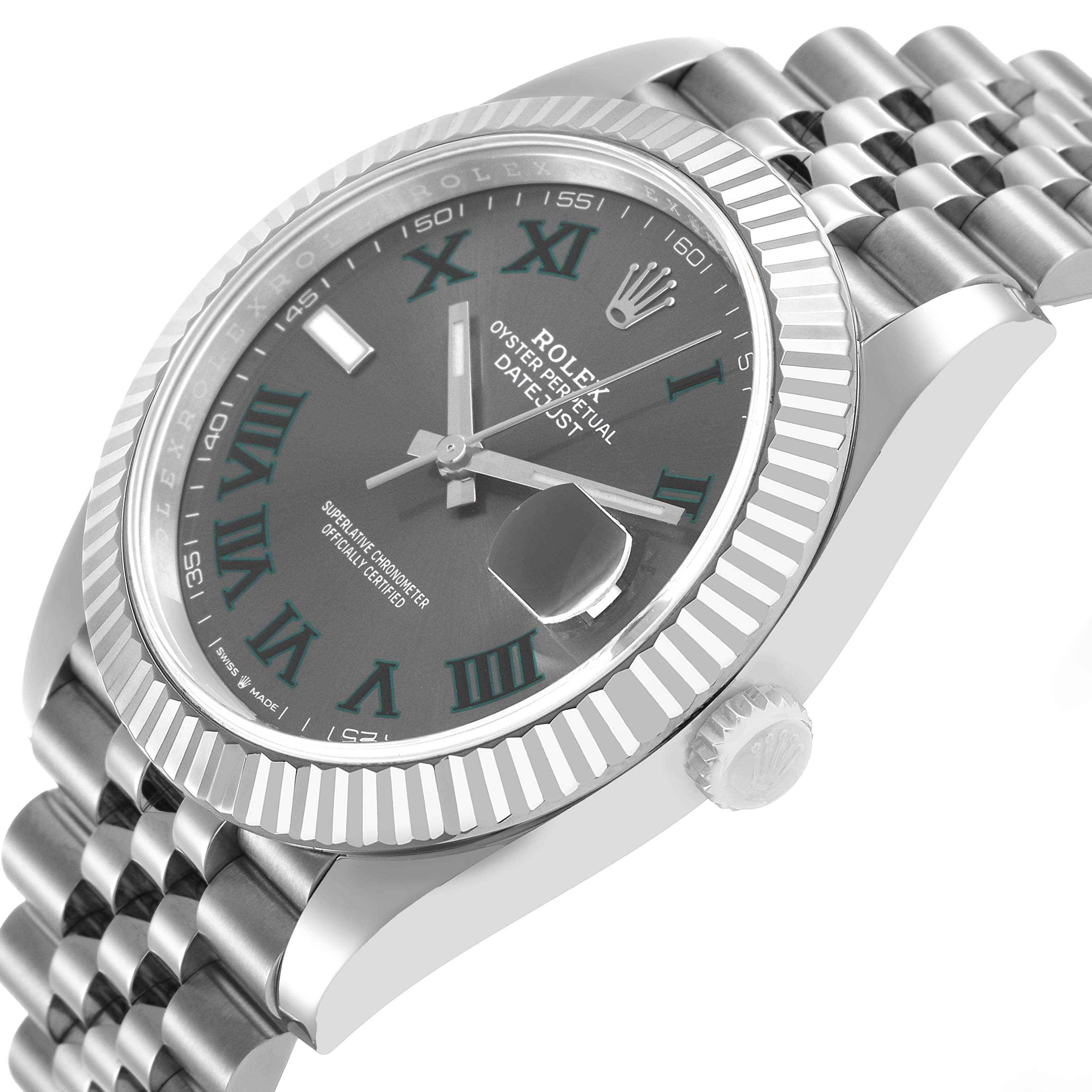 The Rolex Datejust 41 126334 Men's Stainless Steel Grey Dial is shown at an angled view, highlighting the bezel, dial with Roman numerals, crown, and Jubilee bracelet.