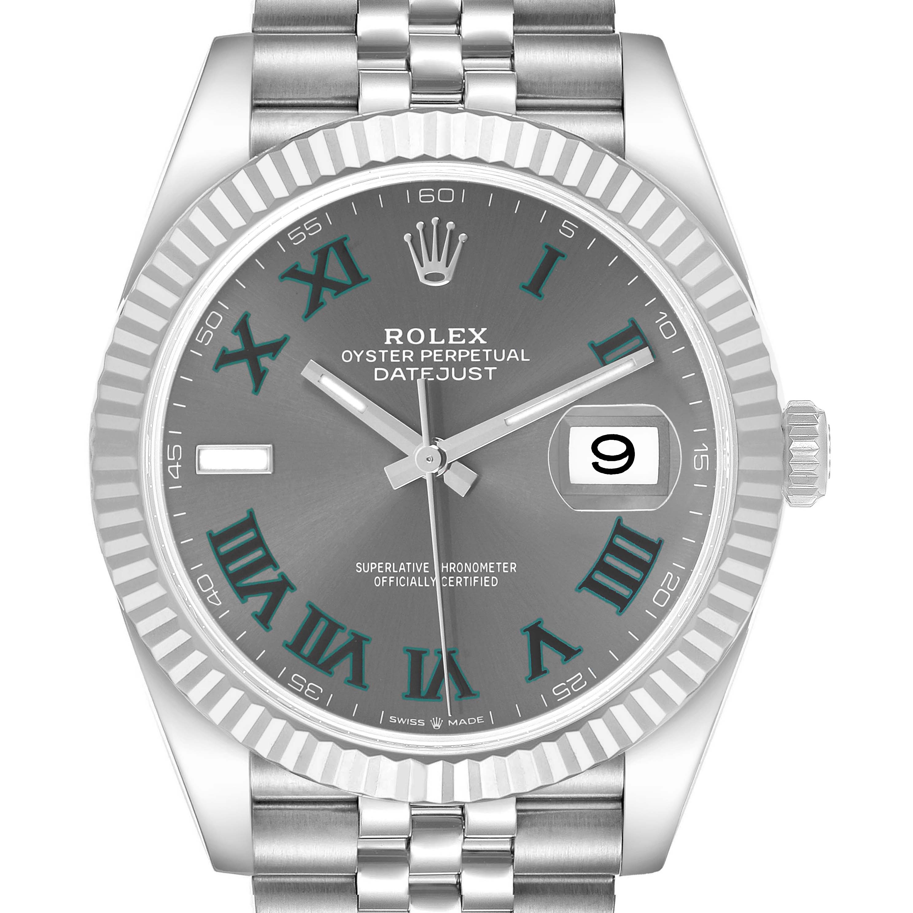 The Rolex Datejust 41 126334 Men's Stainless Steel Grey Dial watch is shown front-facing, highlighting its dial, bezel, and partial bracelet.