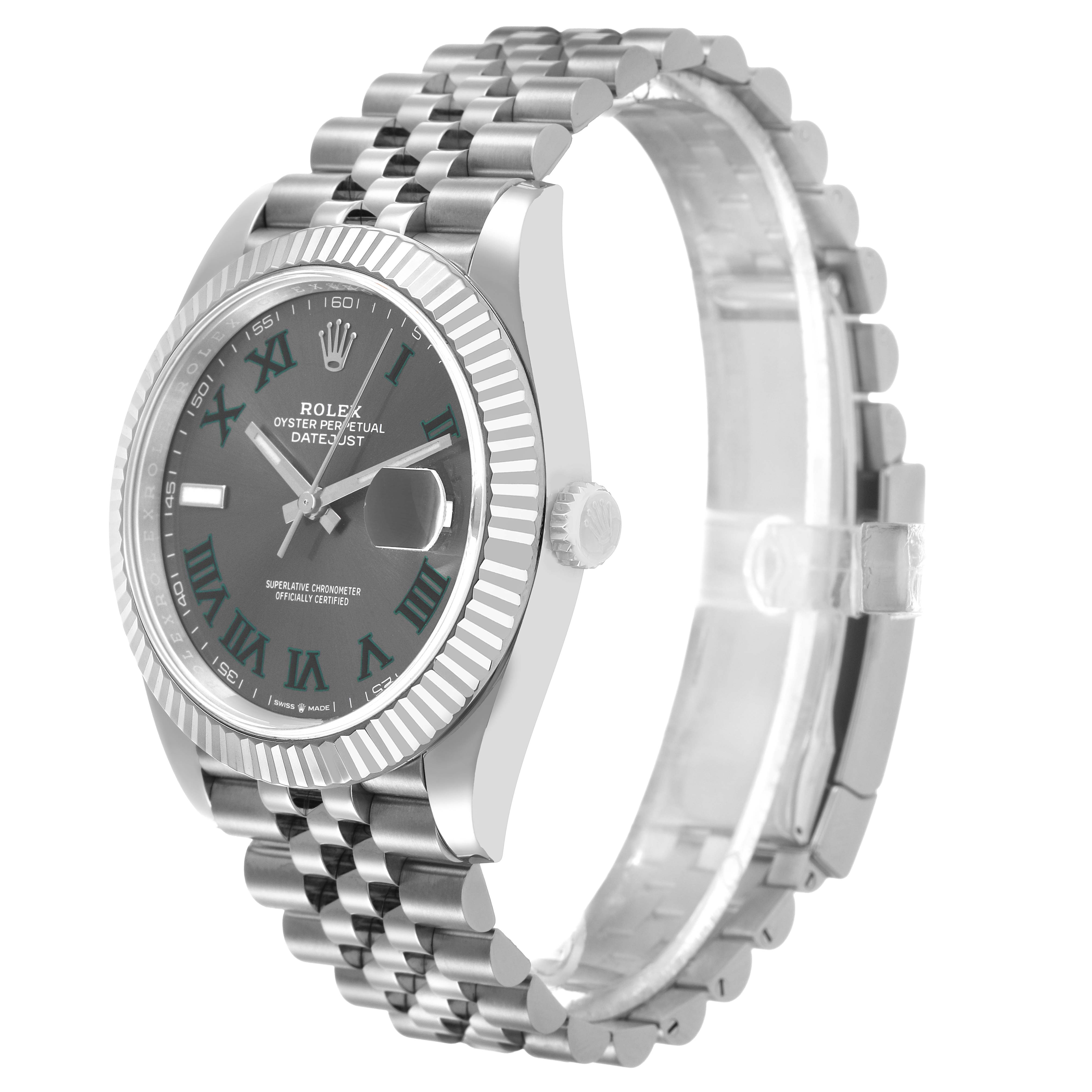 The Rolex Datejust 41 126334 Men's Stainless Steel Grey Dial is shown at a slight angle, displaying the dial, bezel, crown, and part of the bracelet.