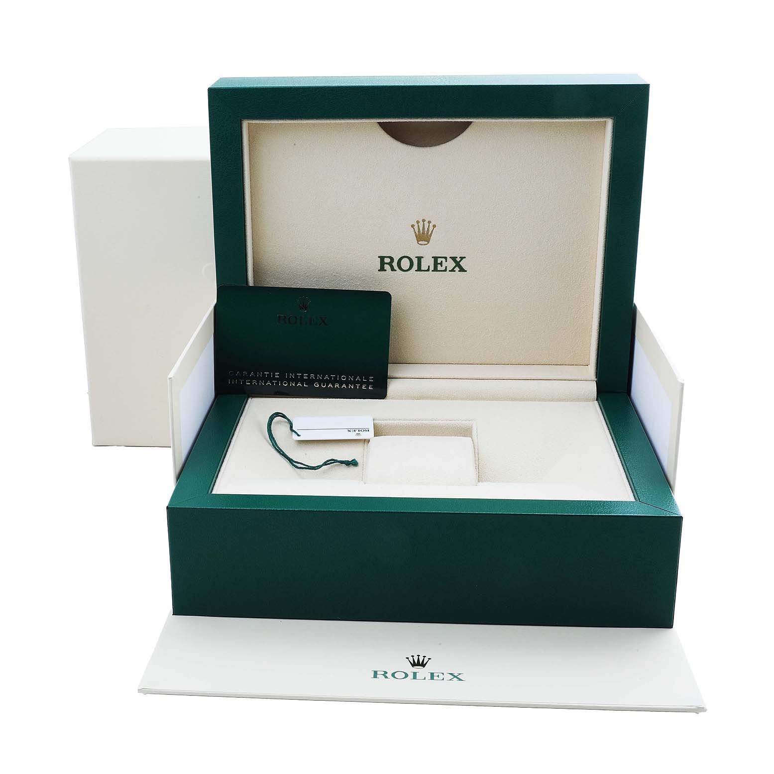 The image shows an open Rolex Datejust 41 126334 Men's Stainless Steel Grey Dial box with international guarantee card and tag, viewed from the front.