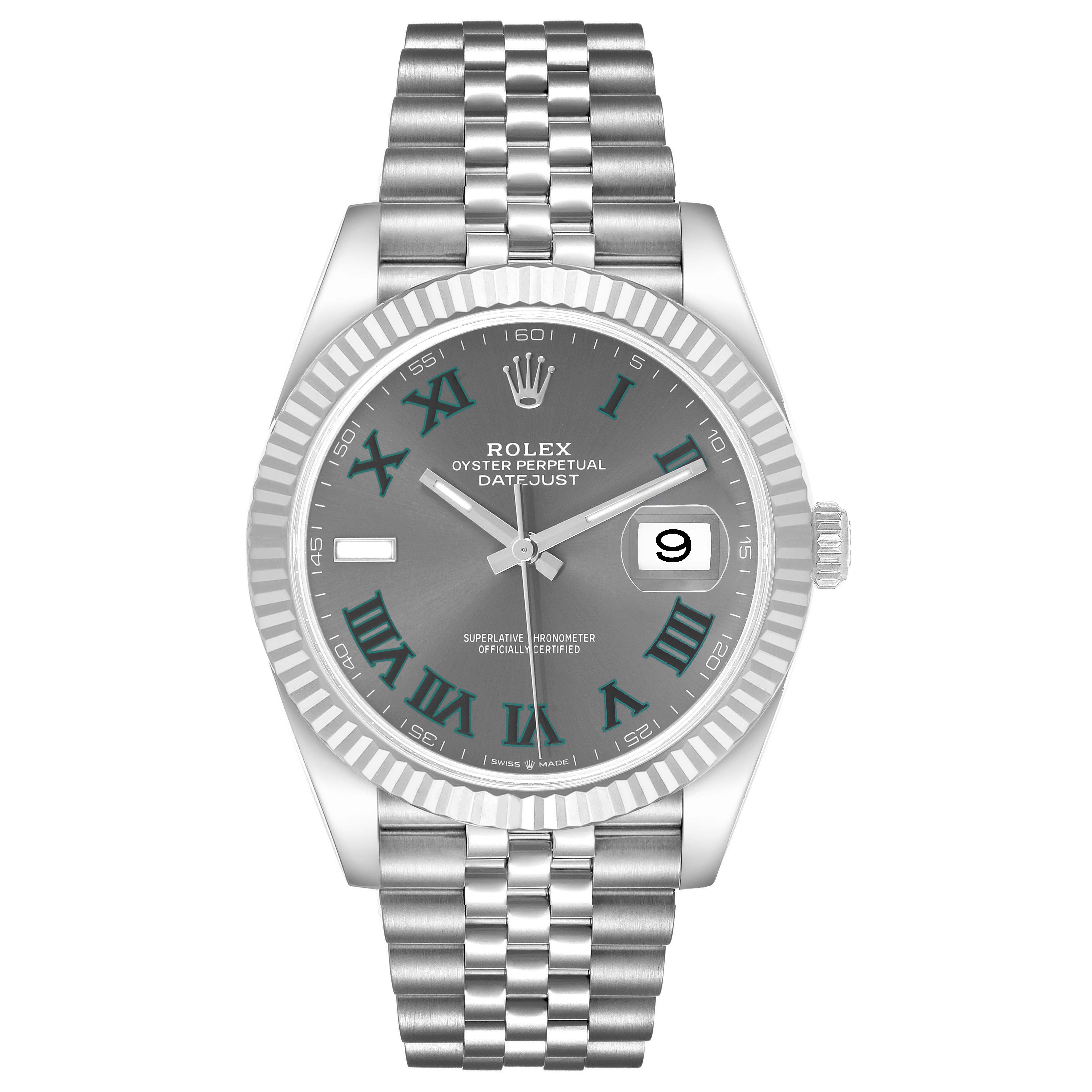 The Rolex Datejust 41 126334 Men's Stainless Steel Grey Dial is shown from a front angle, highlighting the dial, bezel, and bracelet.