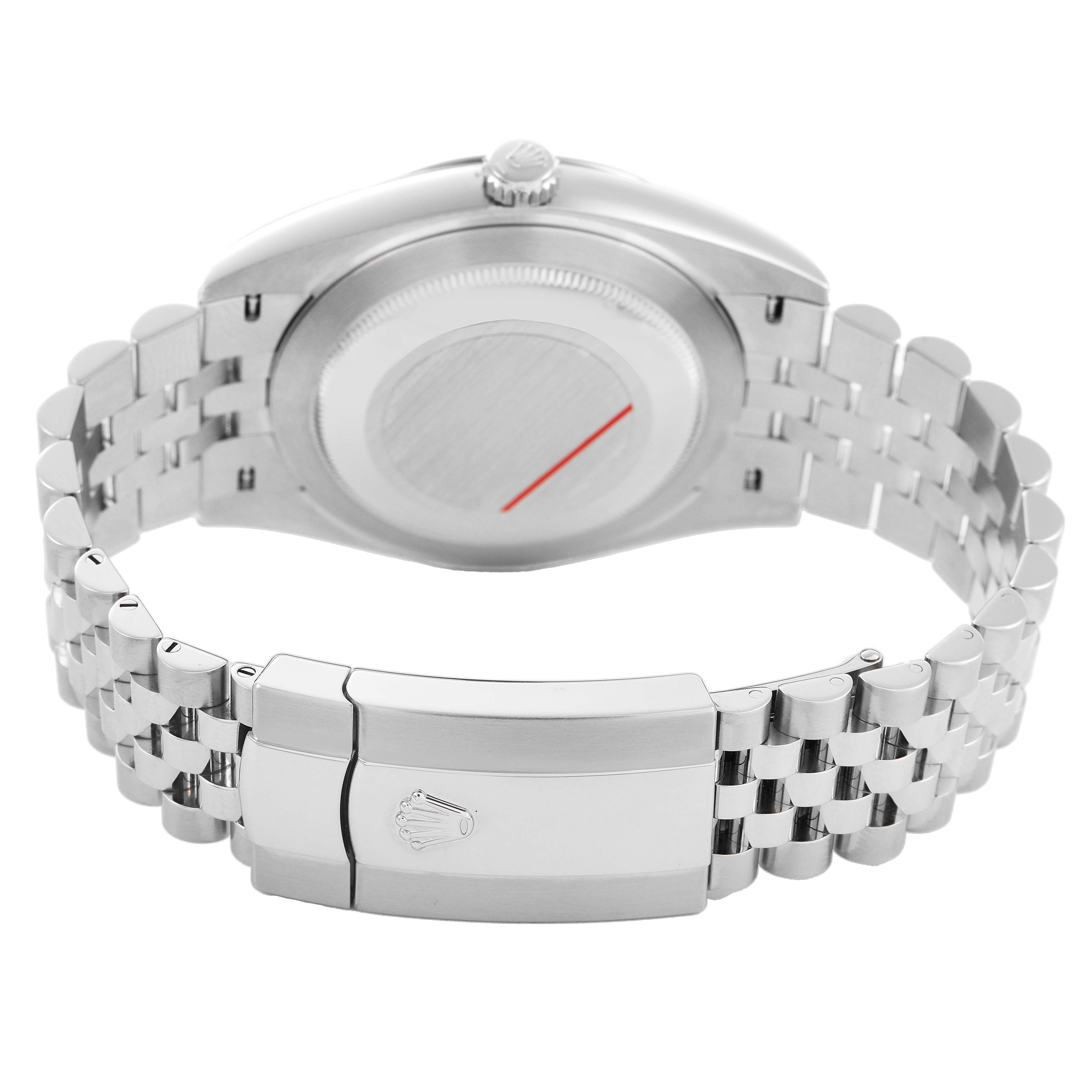 This image shows the back view of a Rolex Datejust 41 126334 Men's Stainless Steel Grey Dial, featuring the case back and bracelet clasp.