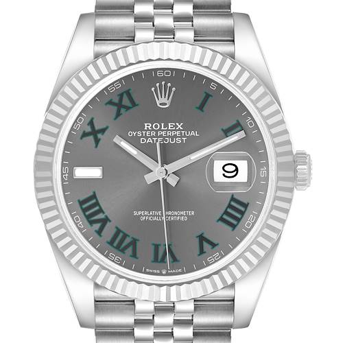 The face of the Rolex Datejust 41 126334 Men's Stainless Steel Grey Dial is shown from a top-down angle, highlighting the dial, bezel, and part of the bracelet.