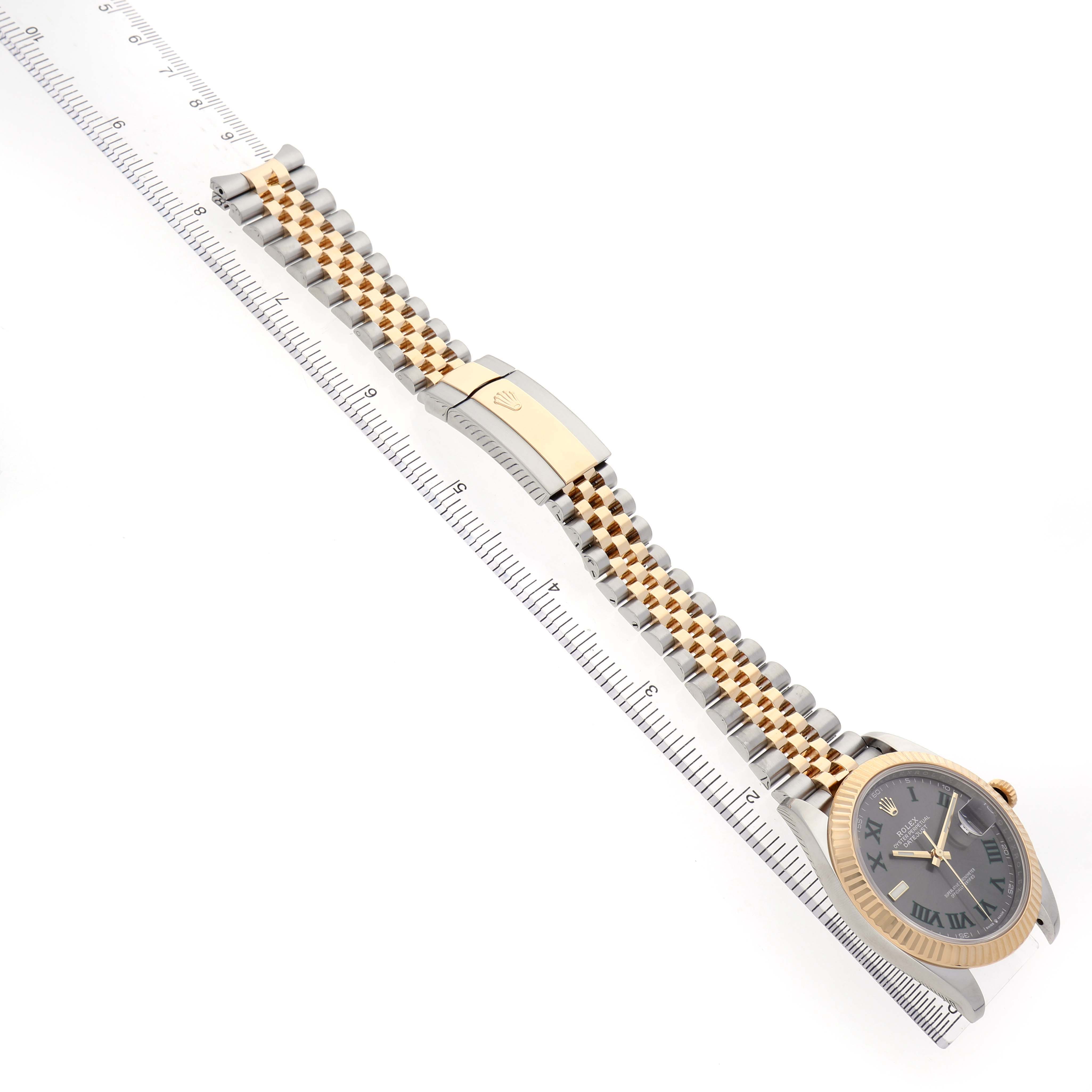 The Rolex Datejust 41 126333 Men's Steel and Gold (two tone) Grey Dial is shown from a top angle, featuring the watch case, bracelet, and clasp.