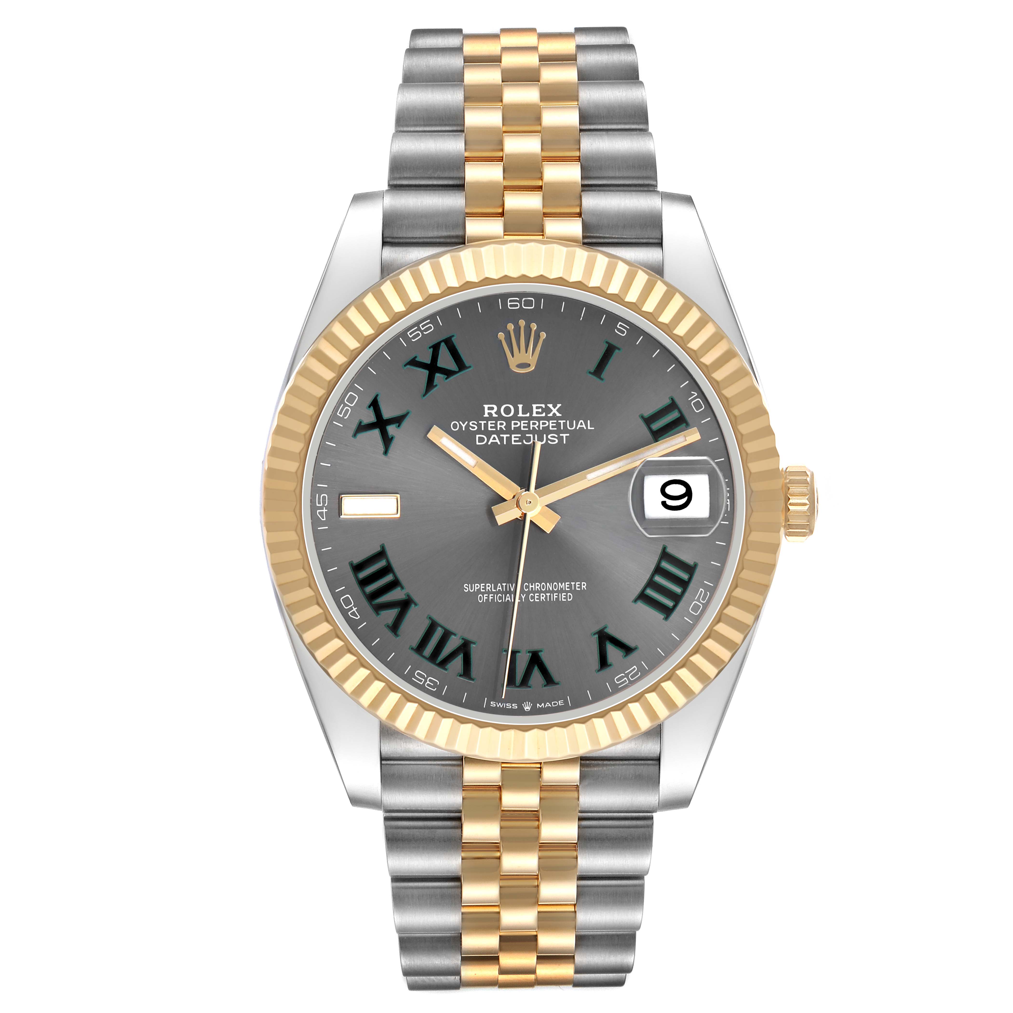 The Rolex Datejust 41 126333 Men's Steel and Gold (two tone) Grey Dial watch is shown from a front angle, displaying its dial, bezel, and jubilee bracelet.