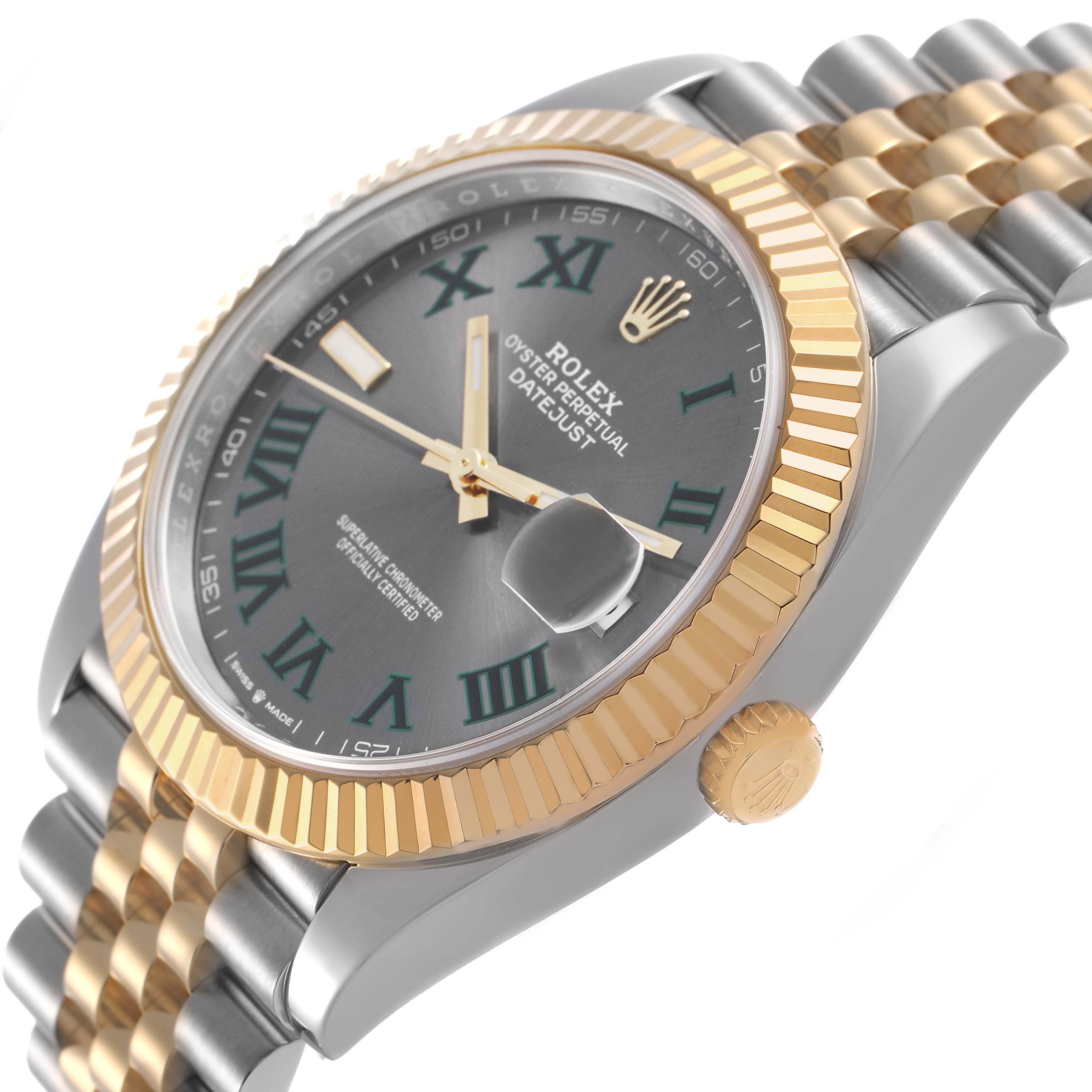 The image shows a side view of the Rolex Datejust 41 126333 Men's Steel and Gold (two tone) Grey Dial, highlighting the fluted bezel, crown, and part of the bracelet.