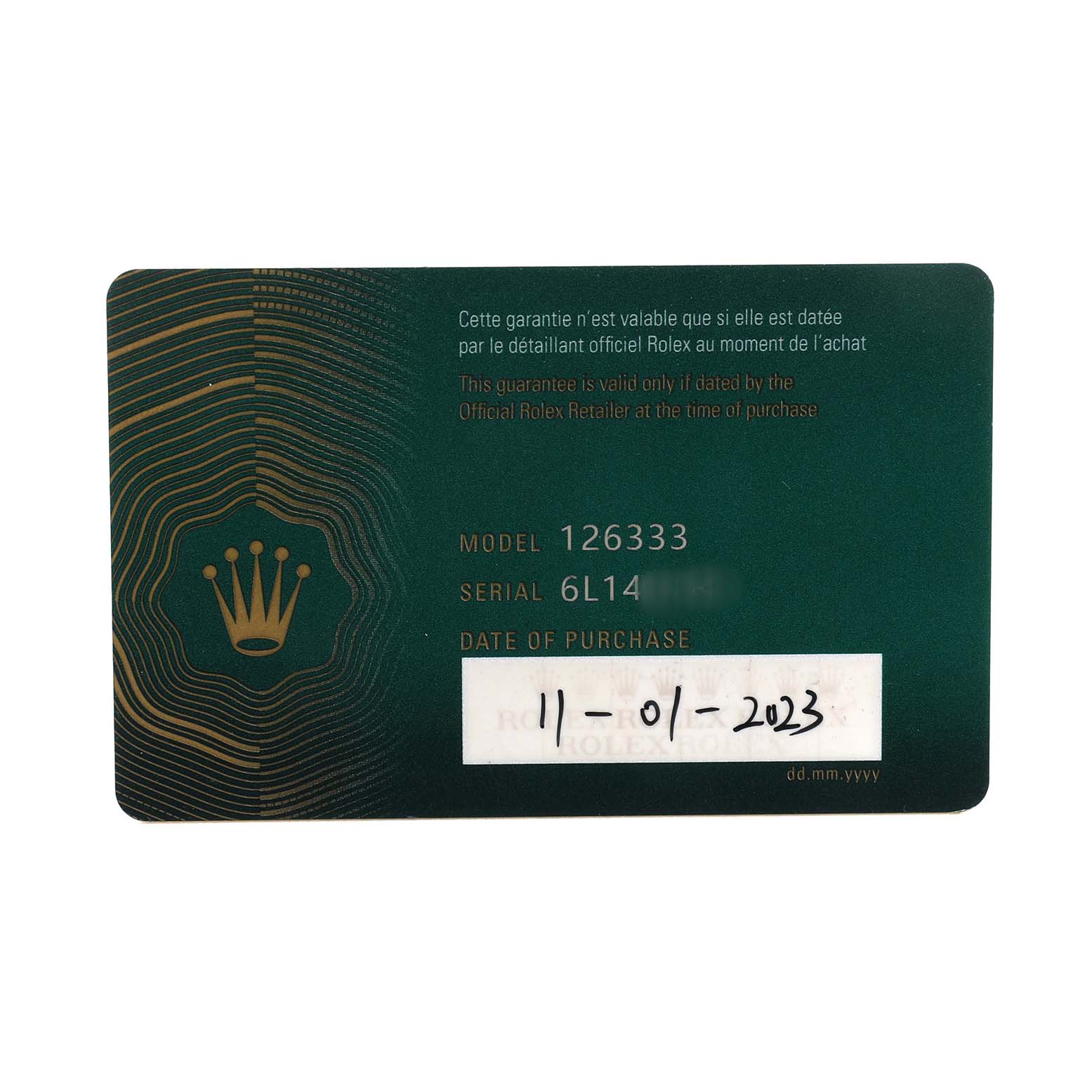 The image shows a warranty card for a Rolex Datejust 41 126333 Men's Steel and Gold (two tone) Grey Dial, displaying the model, serial number, and date of purchase.