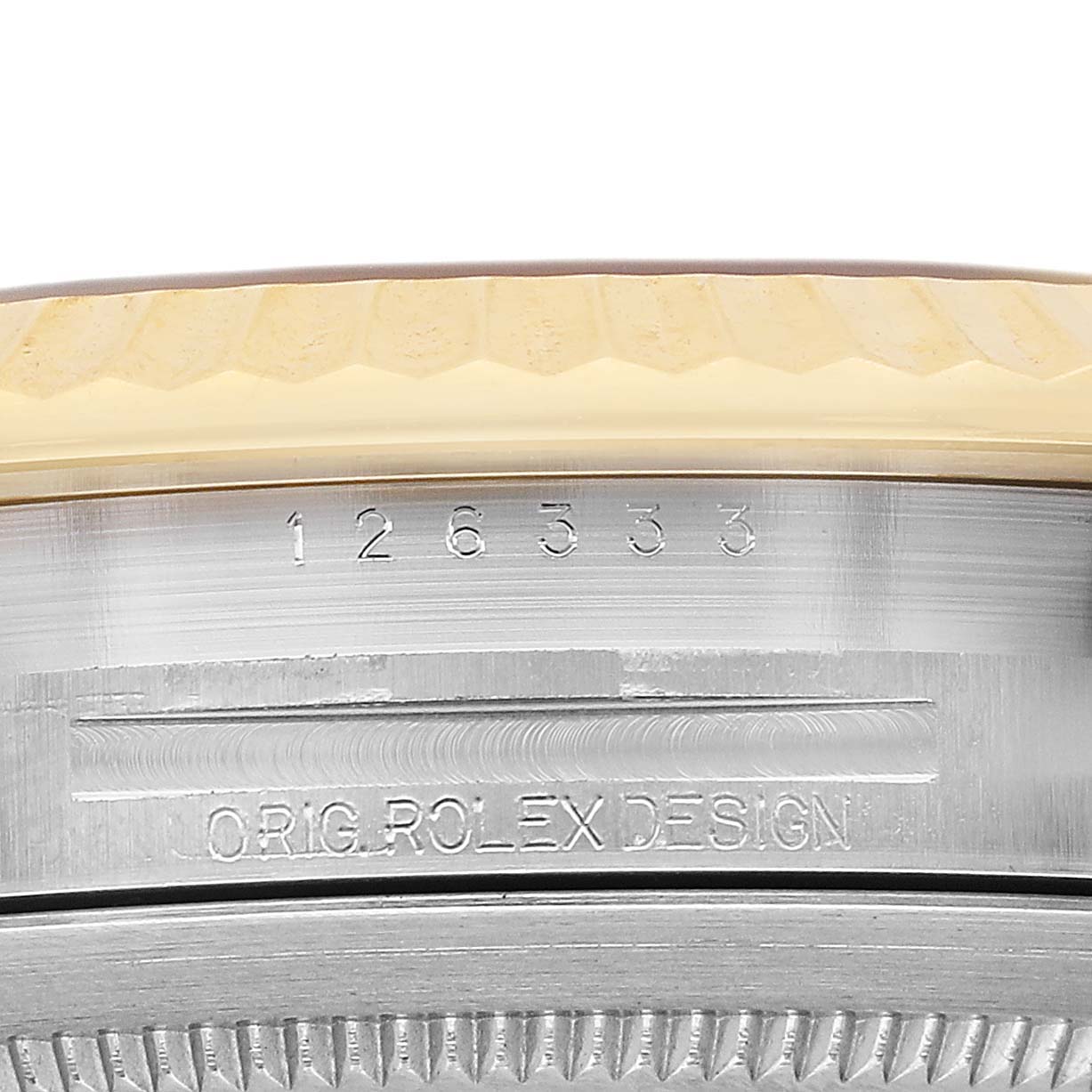 The image shows the side view of a Rolex Datejust 41 126333 Men's Steel and Gold (two tone) Grey Dial, highlighting the model number and "ORIG ROLEX DESIGN" engraving on the case.