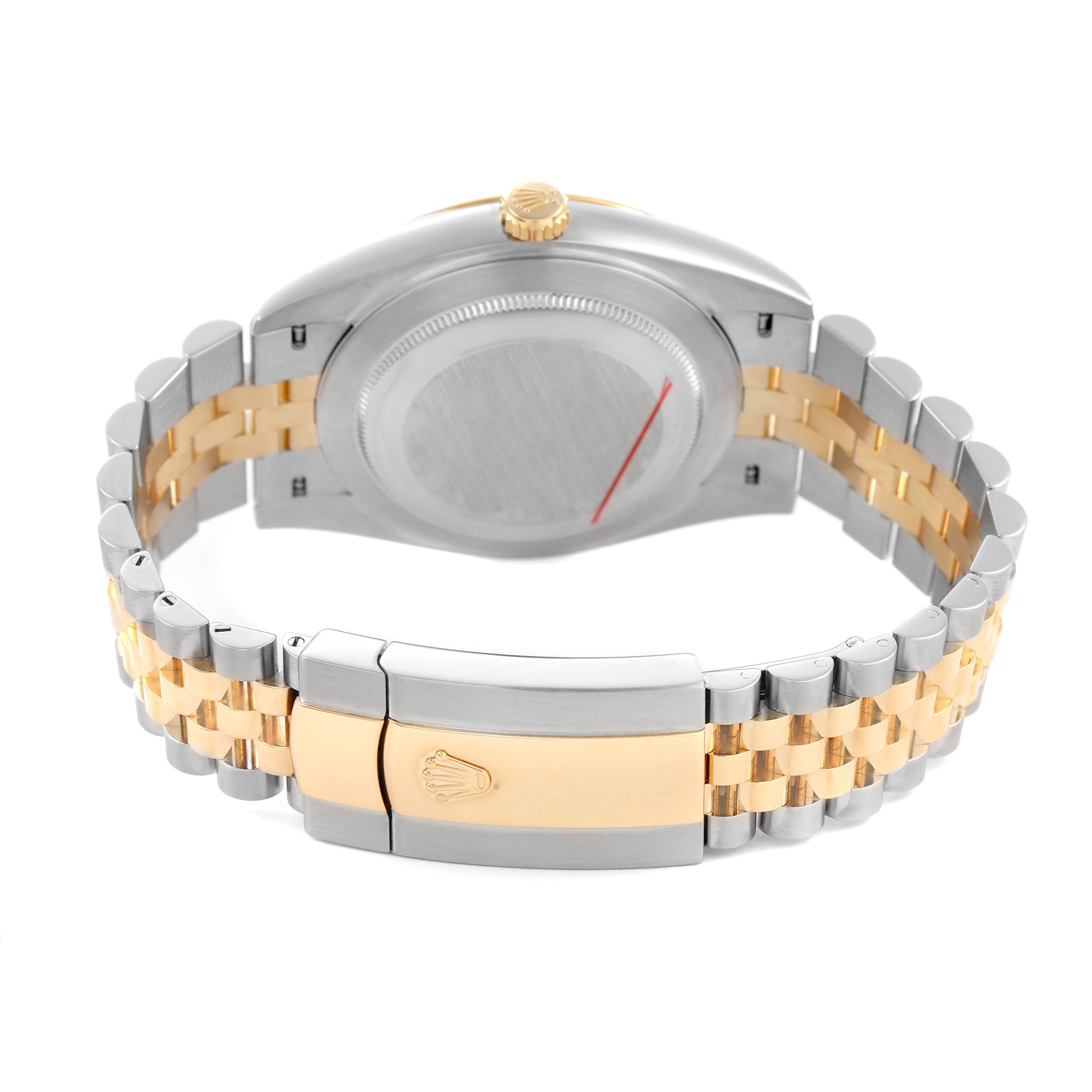 The image shows the back view of a Rolex Datejust 41 126333 Men's Steel and Gold (two tone) Grey Dial, highlighting the case back and two-tone Jubilee bracelet with clasp.