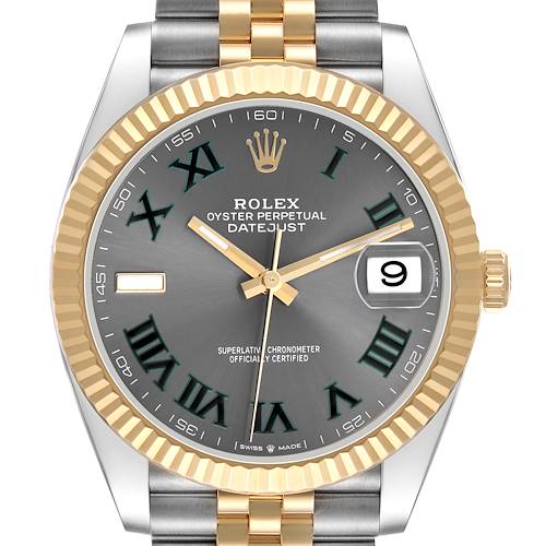 The Rolex Datejust 41 126333 Men's Steel and Gold (two tone) Grey Dial is shown from the front, featuring its dial, fluted bezel, and parts of the bracelet.