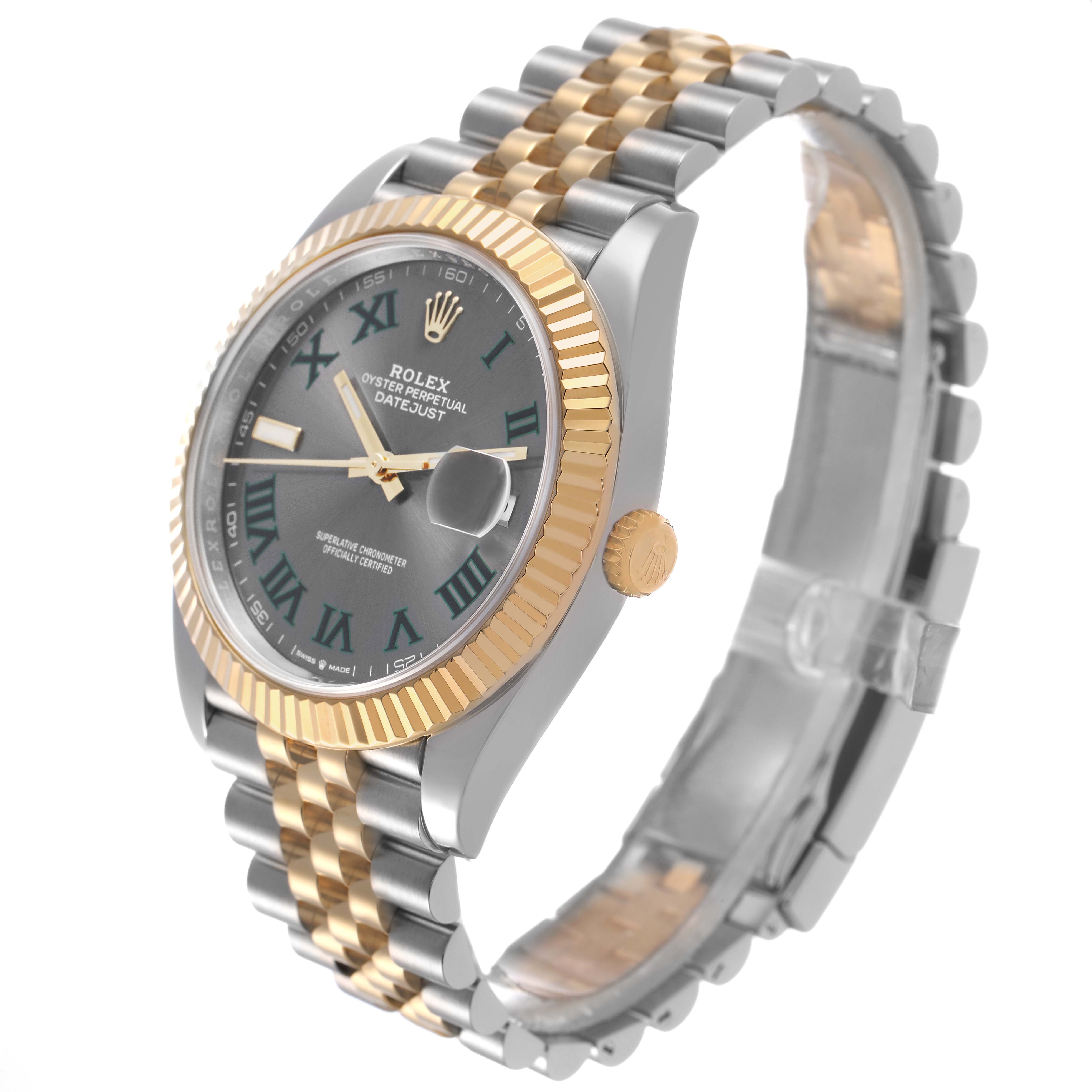 The Rolex Datejust 41 126333 Men's Steel and Gold (two tone) Grey Dial is shown at an angled view highlighting the bezel, dial, bracelet, and crown.