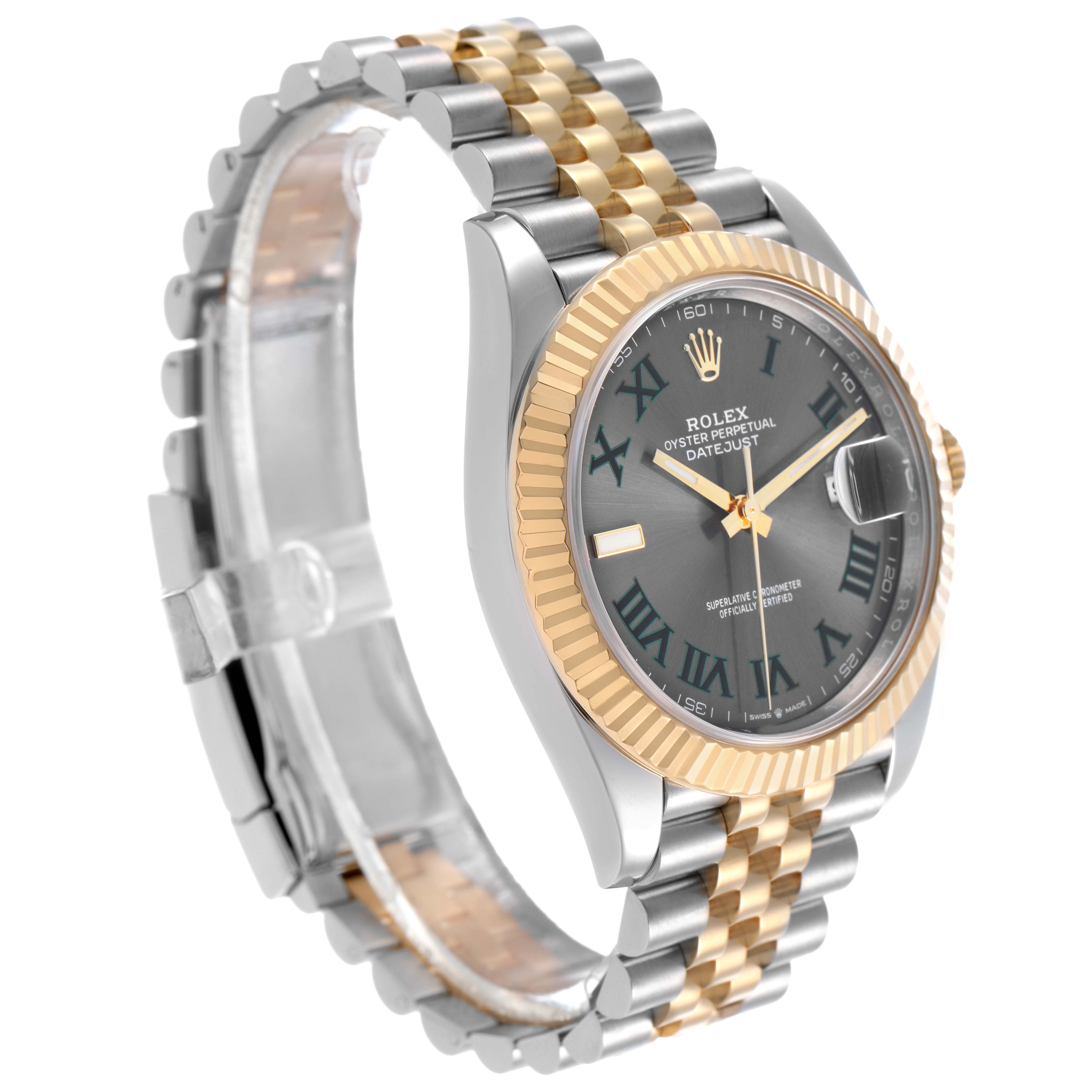 The Rolex Datejust 41 126333 Men's Steel and Gold (two tone) Grey Dial is shown from a three-quarter angle, highlighting the case, fluted bezel, and two-tone bracelet.