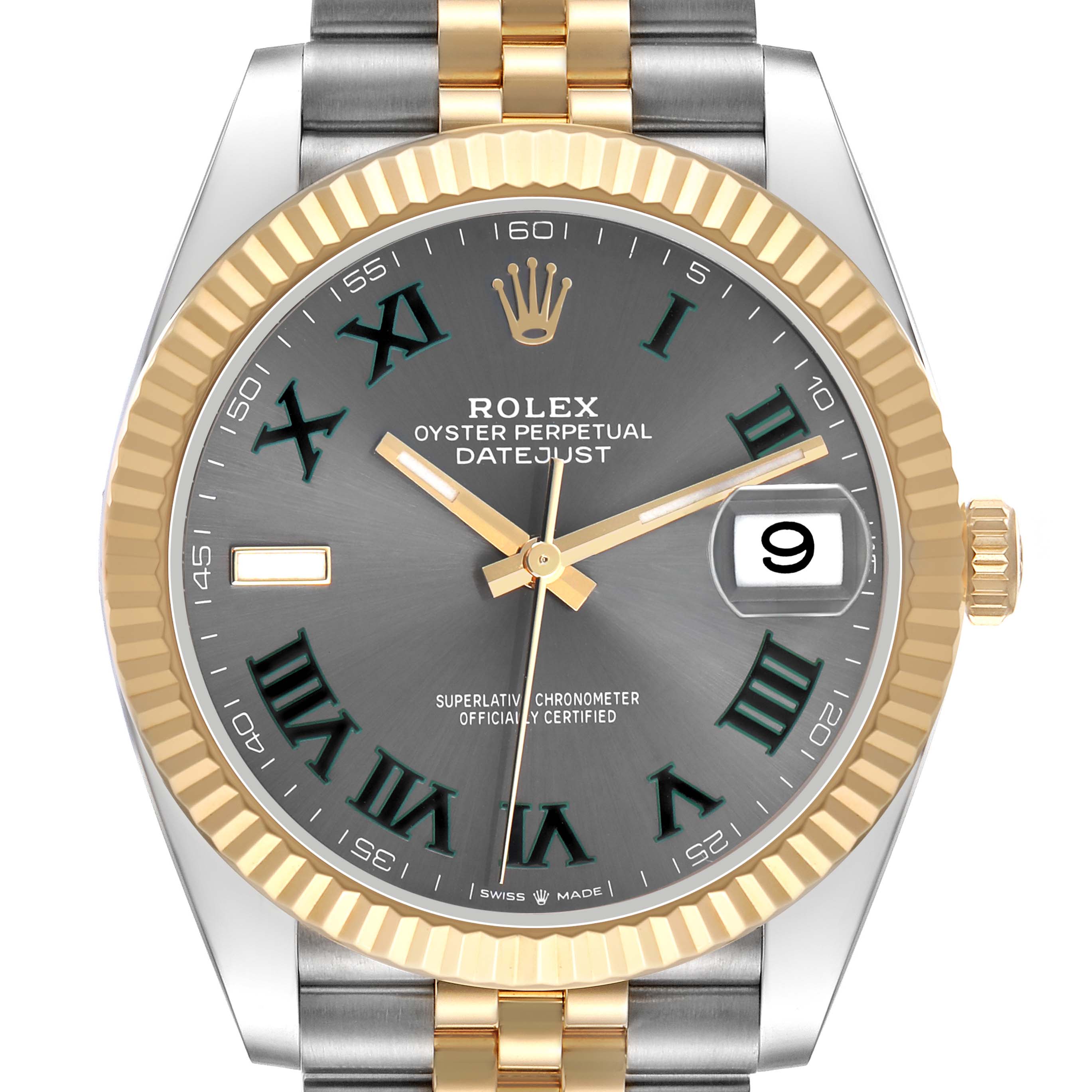 The Rolex Datejust 41 126333 Men's Steel and Gold (two tone) Grey Dial is shown in a frontal view, displaying its bezel, dial, hands, crown, and bracelet.