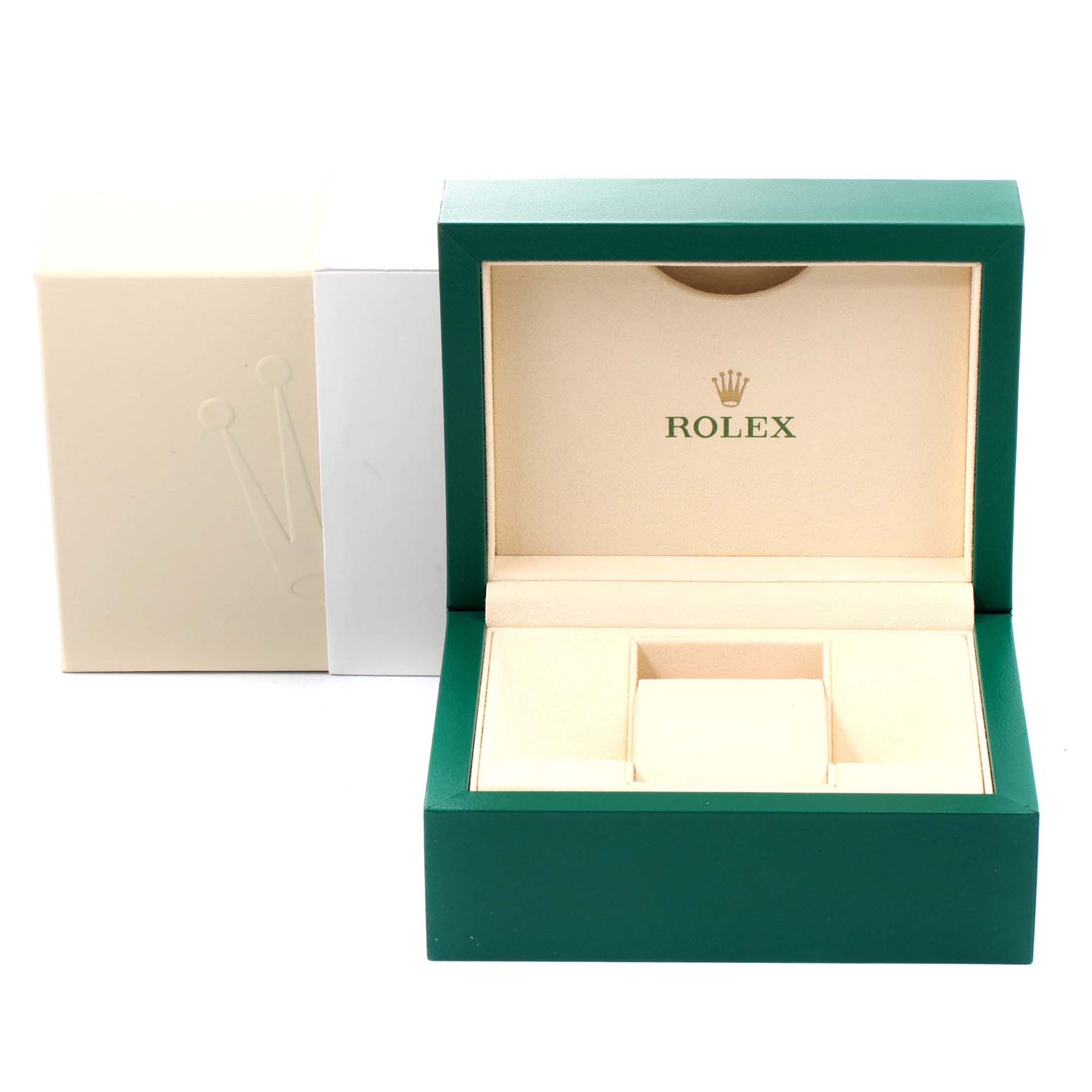 This image shows an empty Rolex Datejust 179171 Women's Steel and Gold (two tone) Mother of Pearl Dial 179171 Women's Steel and Gold (two tone) Mother of Pearl Dial watch box, featuring a green exterior and beige interior with the Rolex logo.