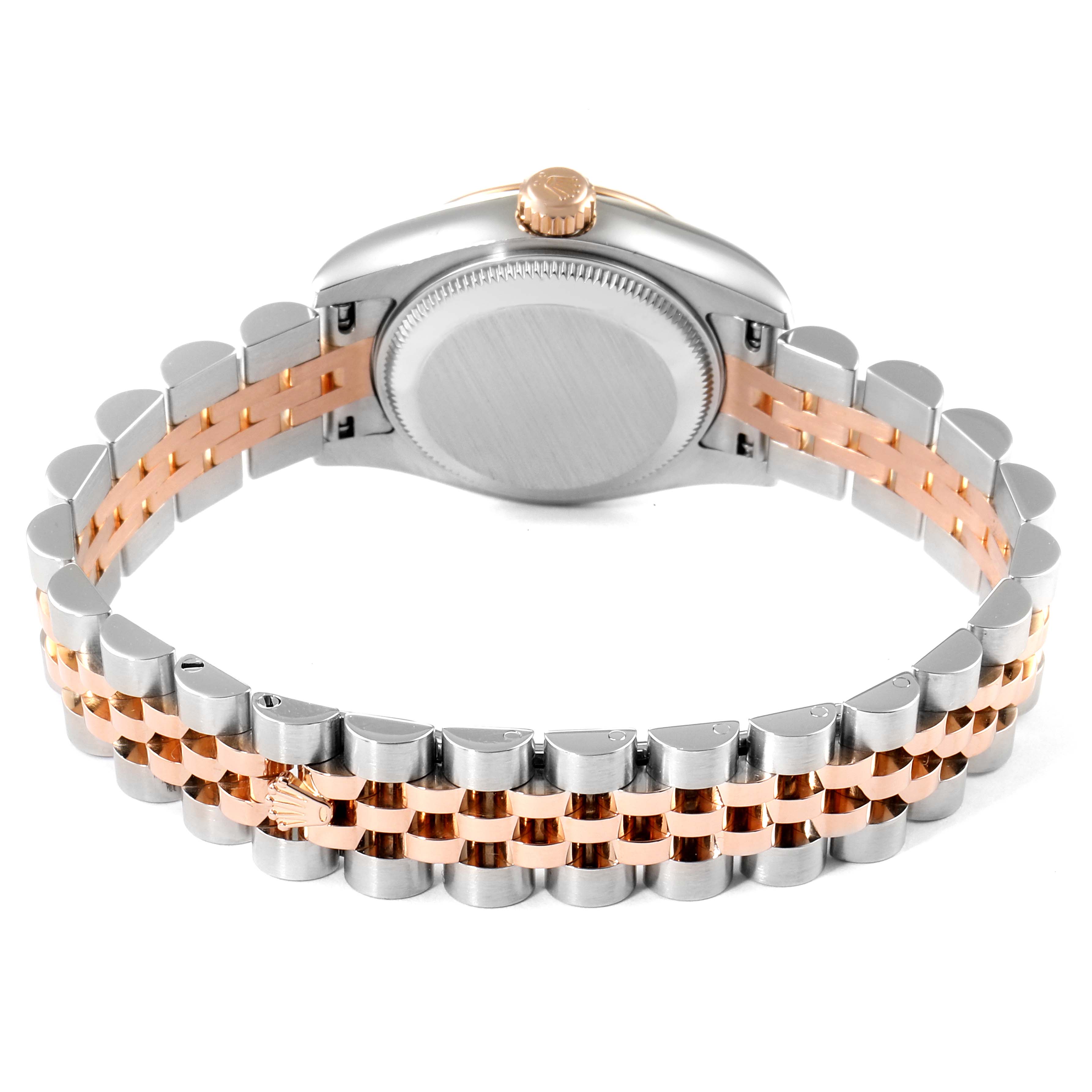 This image shows the back view of the Rolex Datejust 179171 Women's Steel and Gold (two tone) Mother of Pearl Dial 179171 Women's Steel and Gold (two tone) Mother of Pearl Dial watch with a two-tone bracelet.