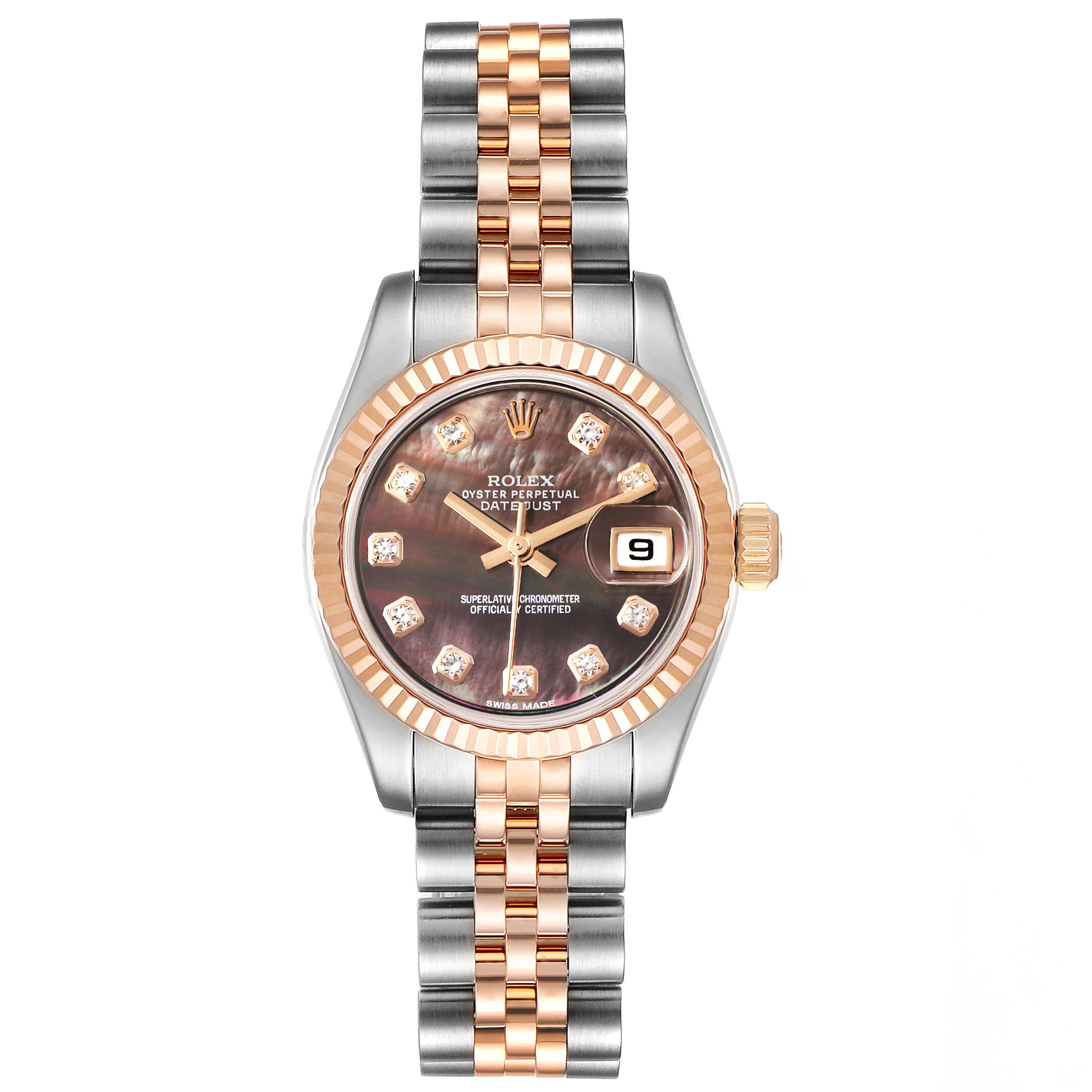 This image shows a frontal view of a Rolex Datejust 179171 Women's Steel and Gold (two tone) Mother of Pearl Dial 179171 Women's Steel and Gold (two tone) Mother of Pearl Dial watch featuring a two-tone bracelet, fluted bezel, and black dial with diamond markers.