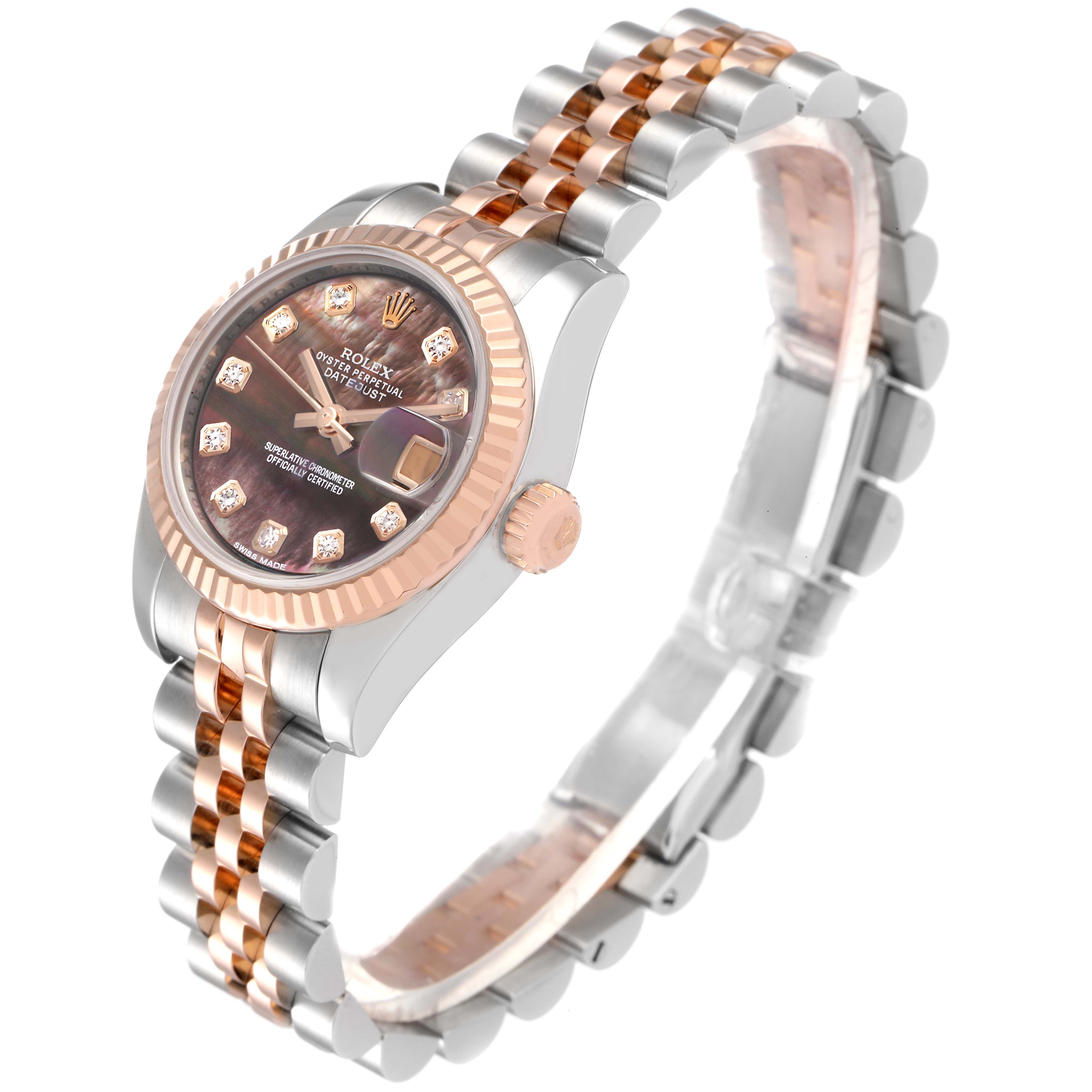 The Rolex Datejust 179171 Women's Steel and Gold (two tone) Mother of Pearl Dial 179171 Women's Steel and Gold (two tone) Mother of Pearl Dial watch is shown at a slight angle, highlighting its face, crown, and jubilee two-tone bracelet.