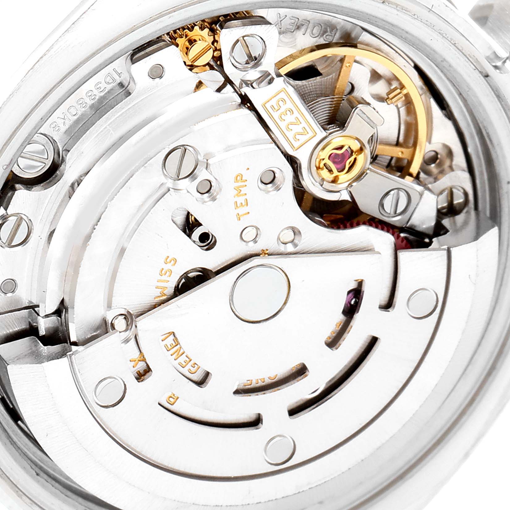 The image shows the inner mechanical movement of a Rolex Datejust 179171 Women's Steel and Gold (two tone) Mother of Pearl Dial 179171 Women's Steel and Gold (two tone) Mother of Pearl Dial watch, viewed from the back.