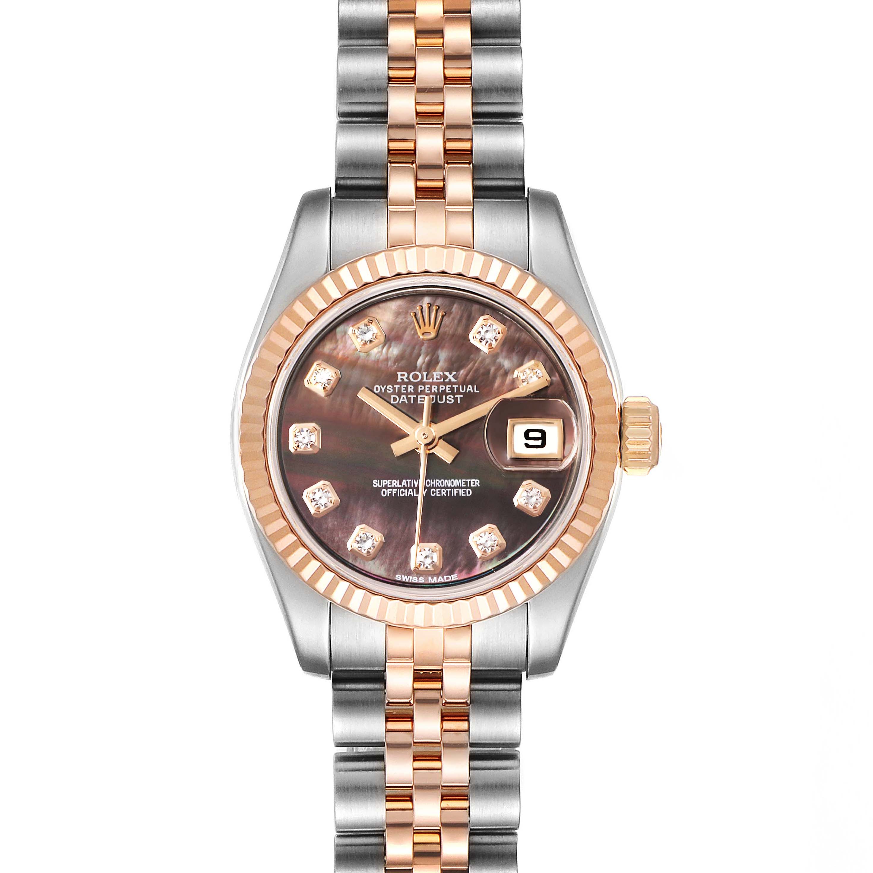 The image shows a Rolex Datejust 179171 Women's Steel and Gold (two tone) Mother of Pearl Dial 179171 Women's Steel and Gold (two tone) Mother of Pearl Dial watch from a front angle, highlighting the dial, bezel, and bracelet.
