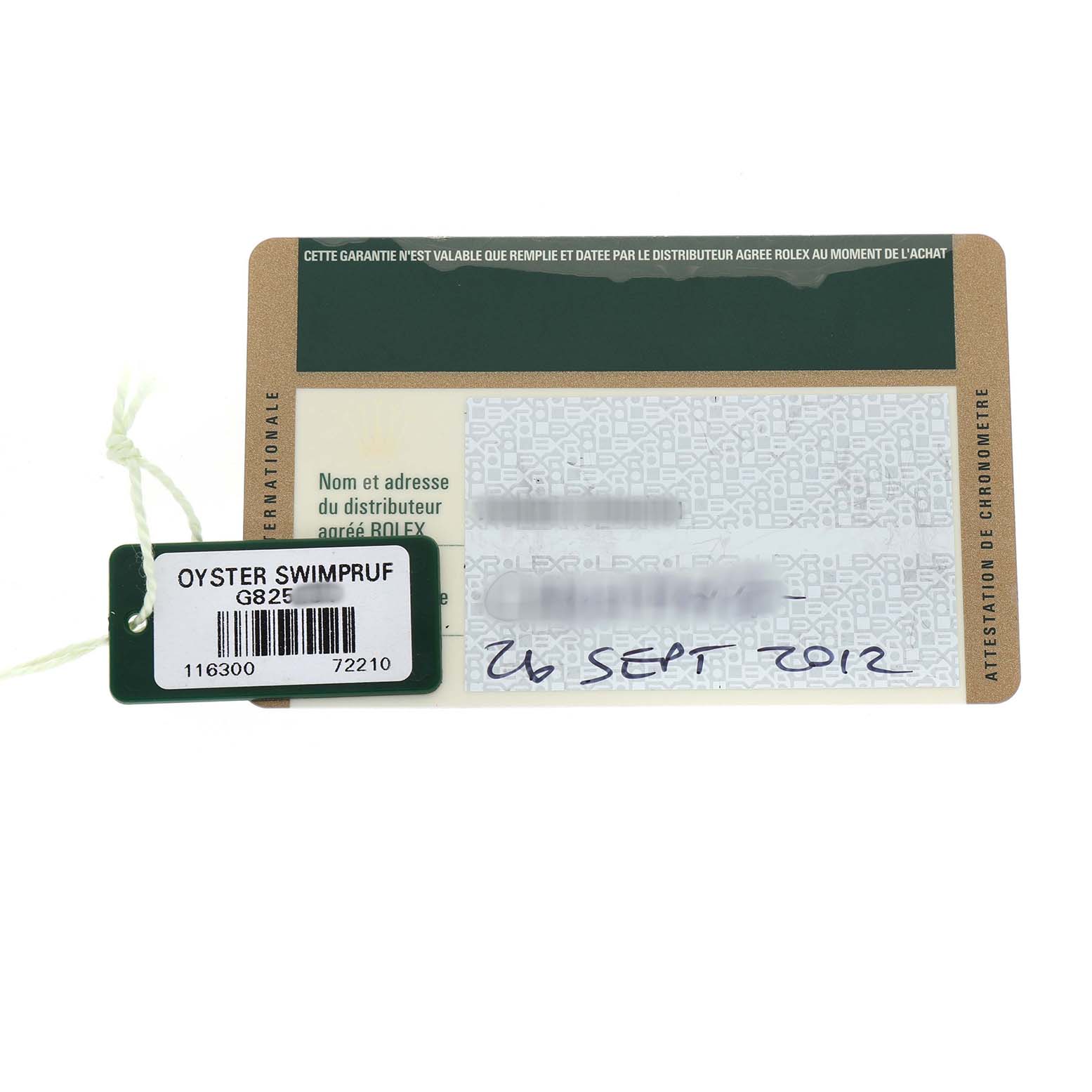 The image shows a warranty card and a tag for the Rolex Datejust 41 116300 Men's Stainless Steel Blue Dial with model info, including "Oyster Swimpurf" details.