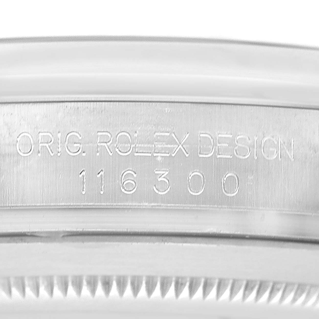 The image shows the side of the Rolex Datejust 41 116300 Men's Stainless Steel Blue Dial, highlighting the engraved reference number.