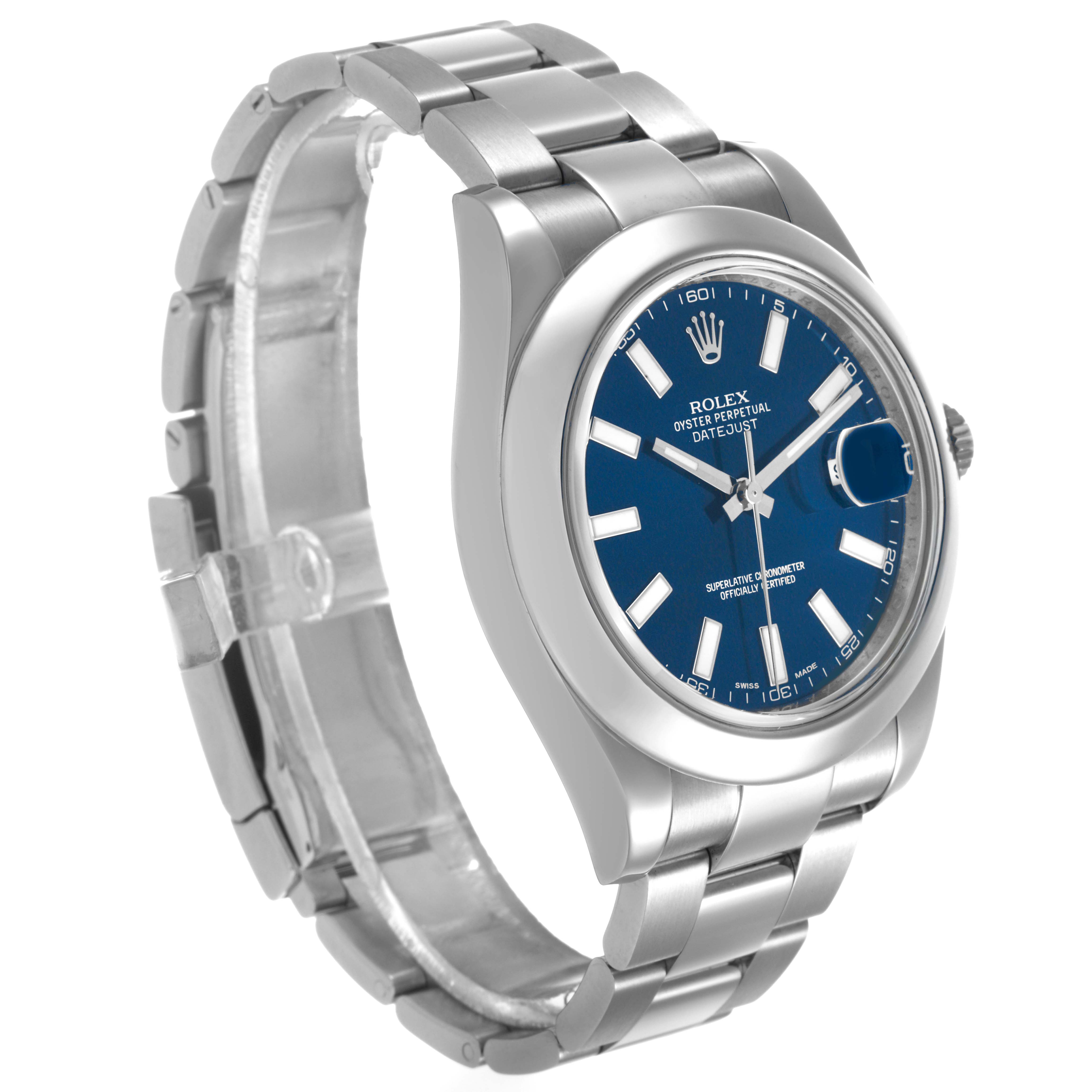 The Rolex Datejust 41 116300 Men's Stainless Steel Blue Dial is shown at a slight angle, highlighting the blue dial, bezel, and bracelet.