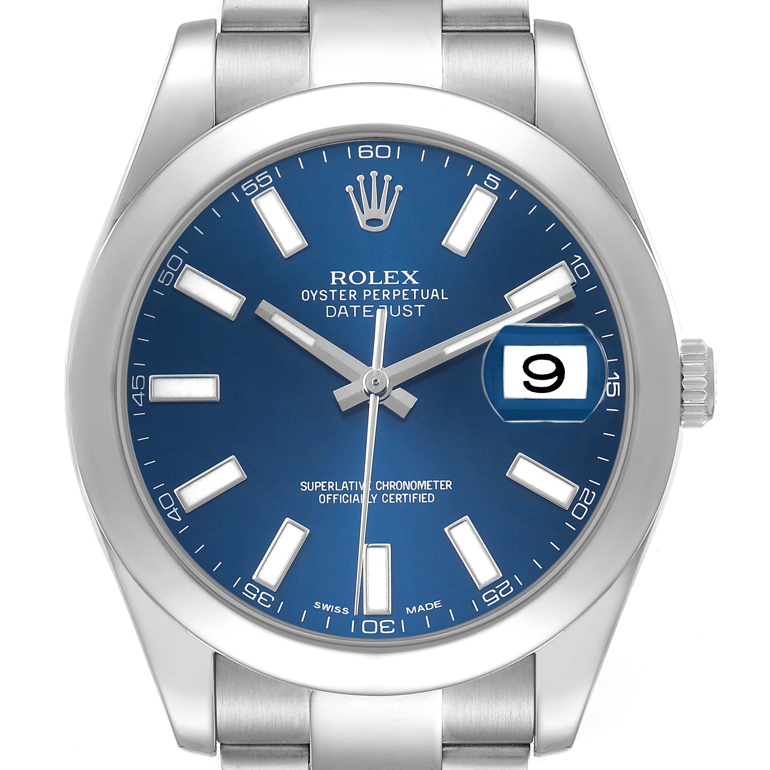 The Rolex Datejust 41 116300 Men's Stainless Steel Blue Dial watch is shown from a front angle, featuring the dial, hands, and date window clearly.