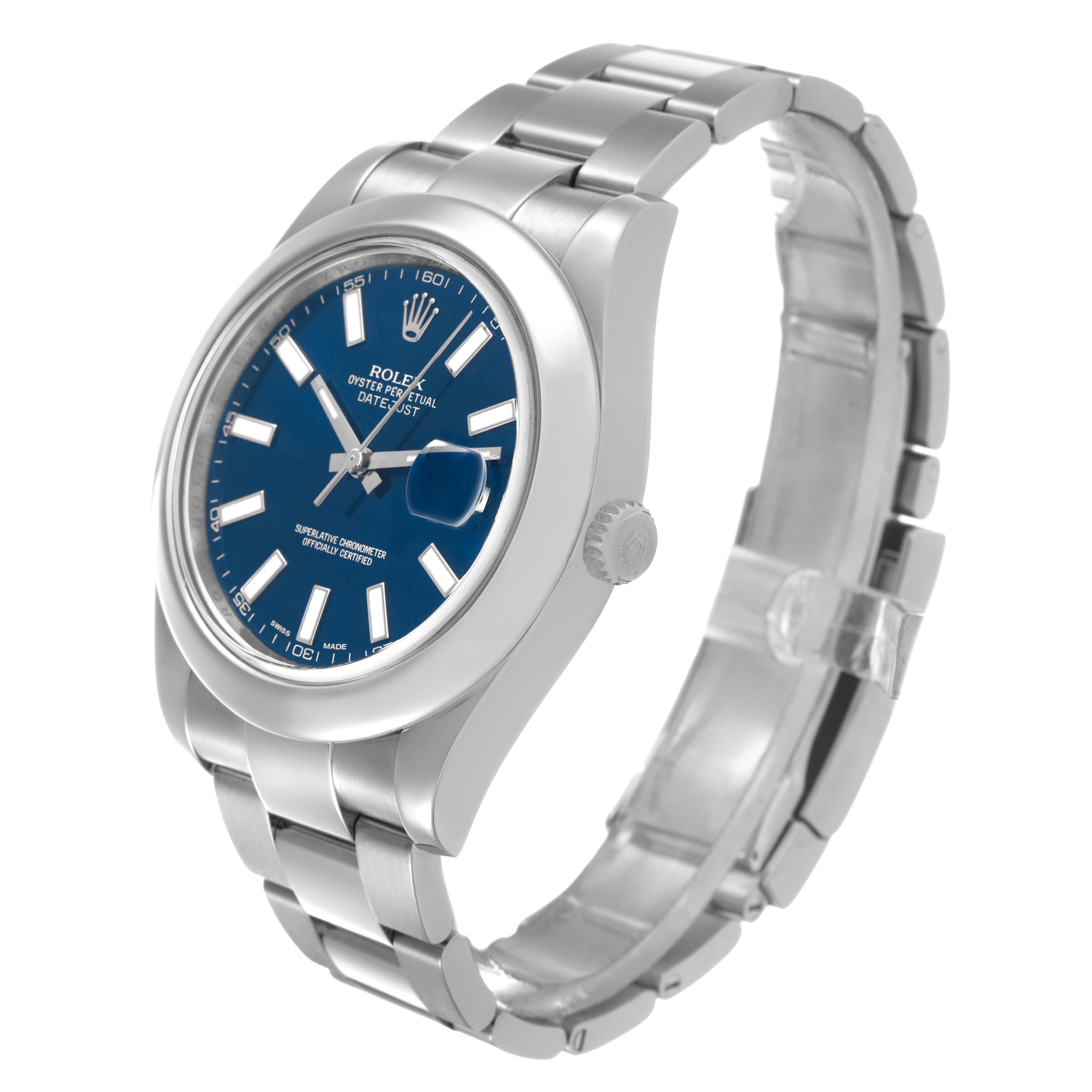 The Rolex Datejust 41 116300 Men's Stainless Steel Blue Dial watch is shown from a three-quarter angle, displaying the dial, bracelet, and crown.