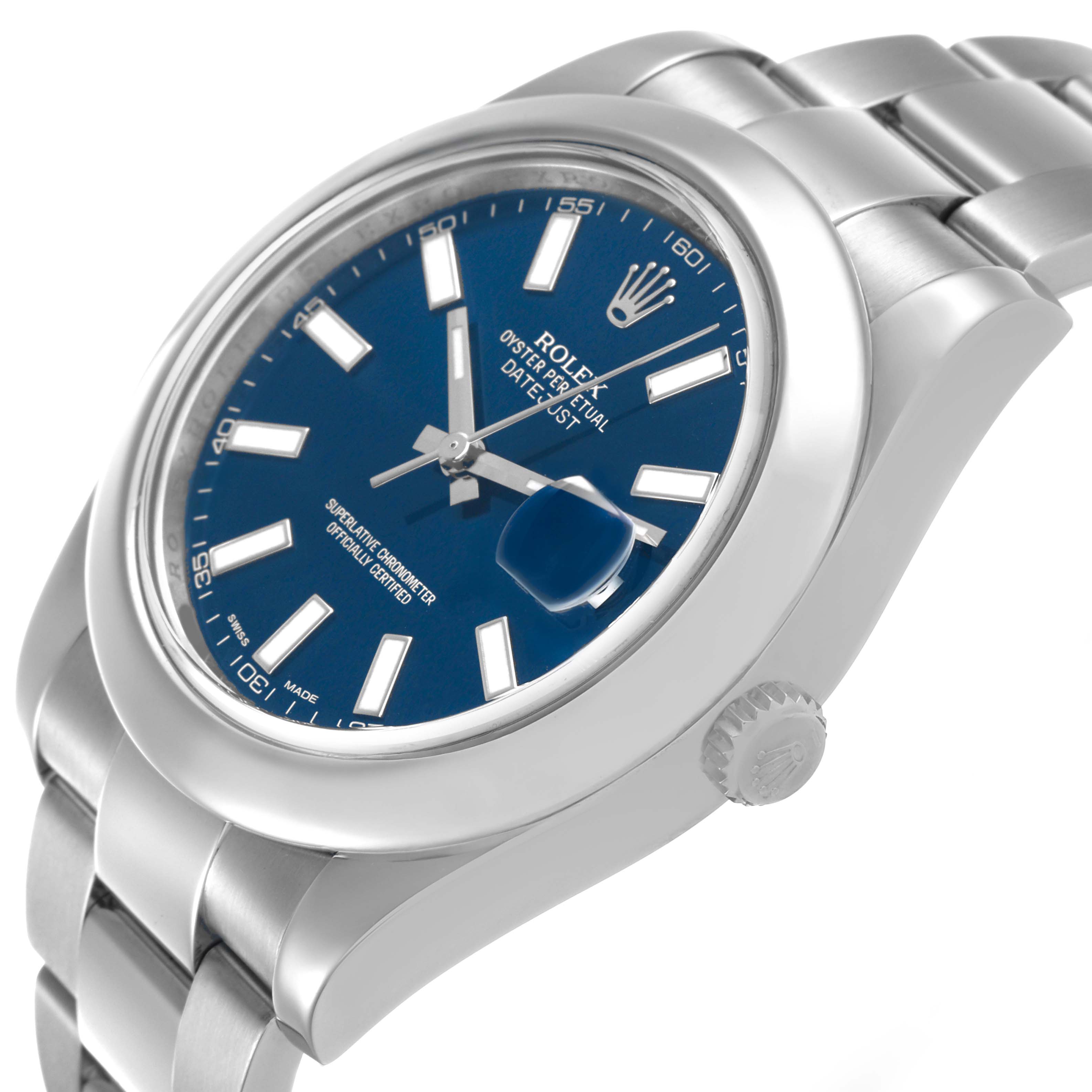 The image shows a Rolex Datejust 41 116300 Men's Stainless Steel Blue Dial at a three-quarter angle, highlighting the blue dial, bracelet, and crown.