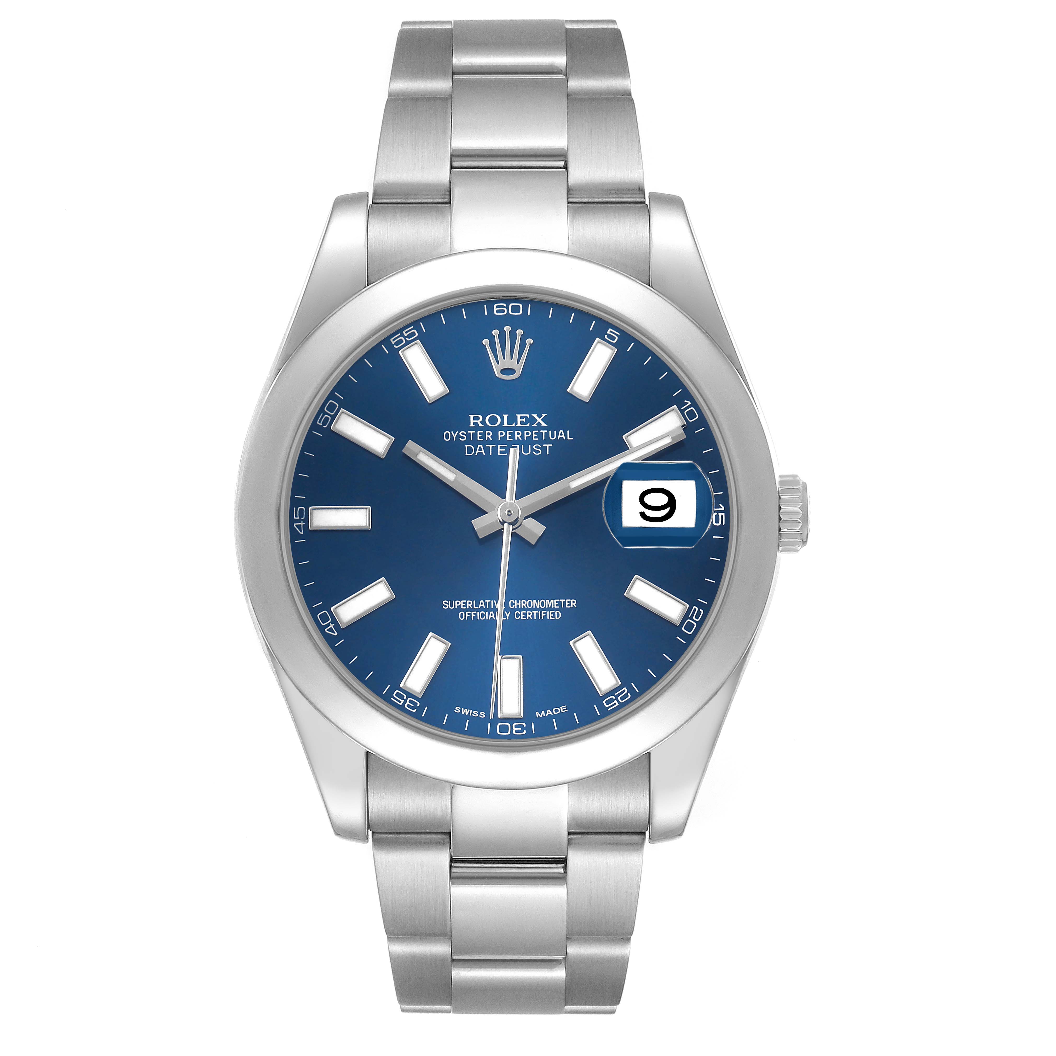 The Rolex Datejust 41 116300 Men's Stainless Steel Blue Dial is shown front-facing, highlighting its blue dial, indices, date window, and stainless steel bracelet.