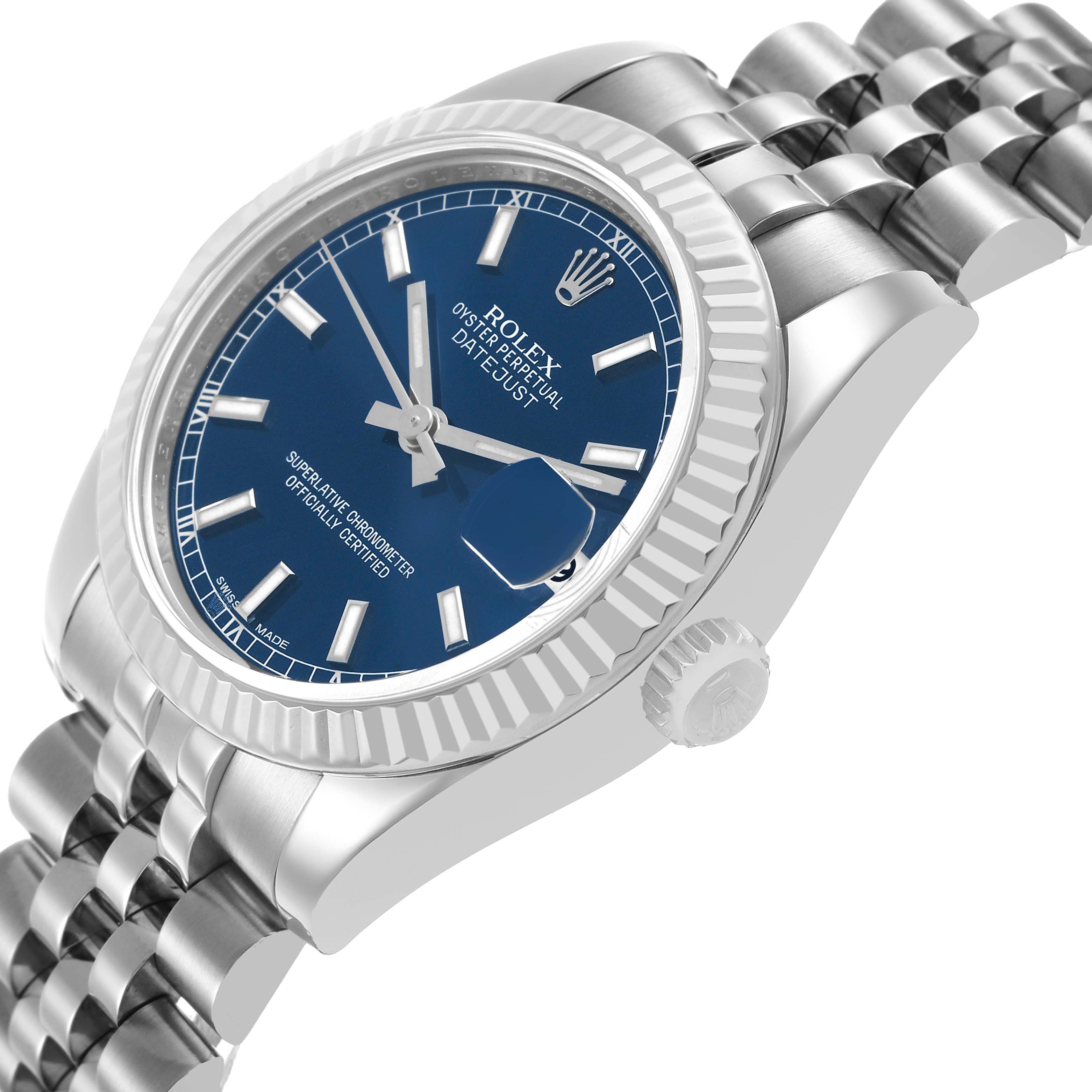The Rolex Datejust Mid-Size model is shown at an angled close-up view, highlighting the blue dial, fluted bezel, and Jubilee bracelet.