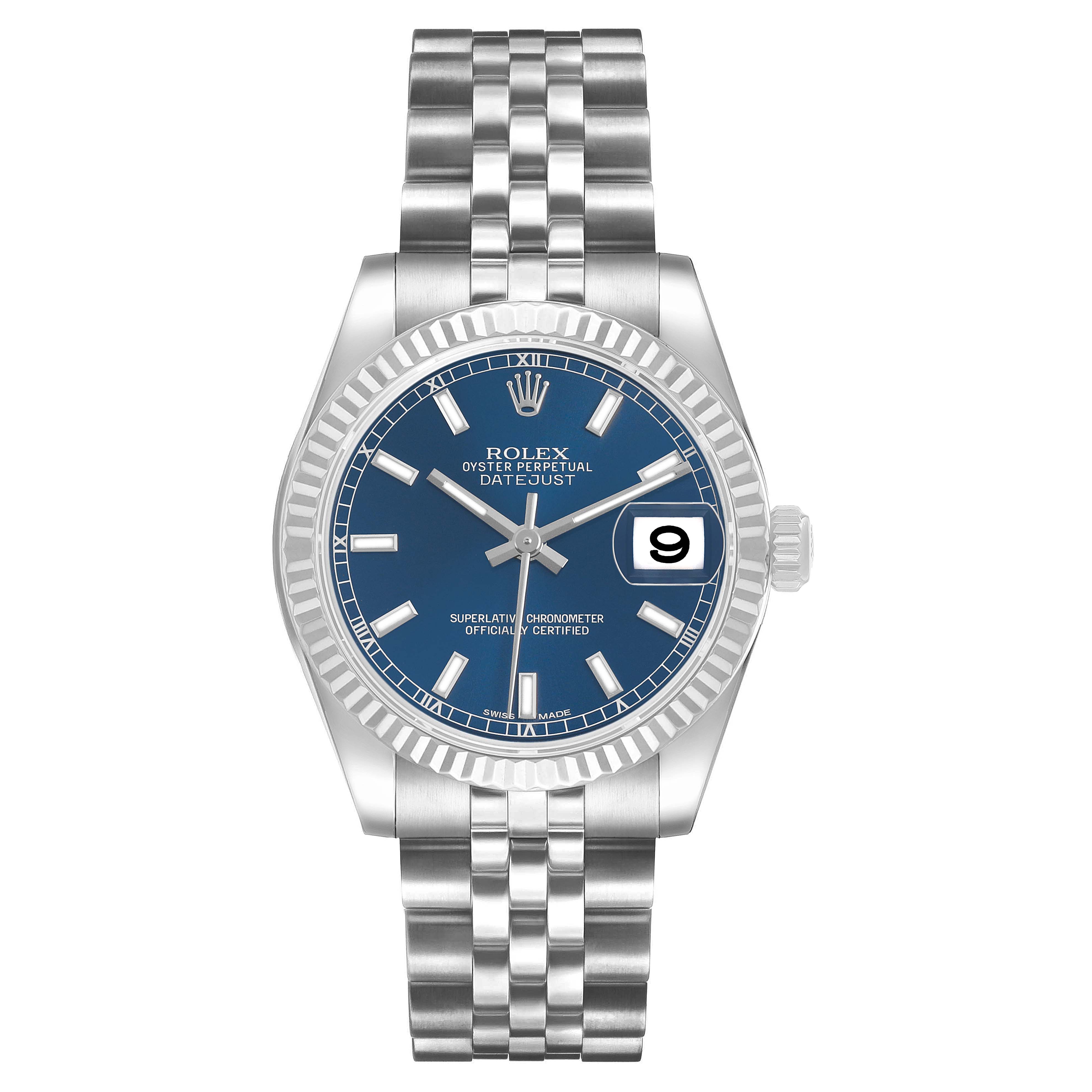 The Rolex Mid-Size 178274 Women's Stainless Steel Blue Dial Datejust is shown from a front angle, displaying the dial, bezel, and bracelet.
