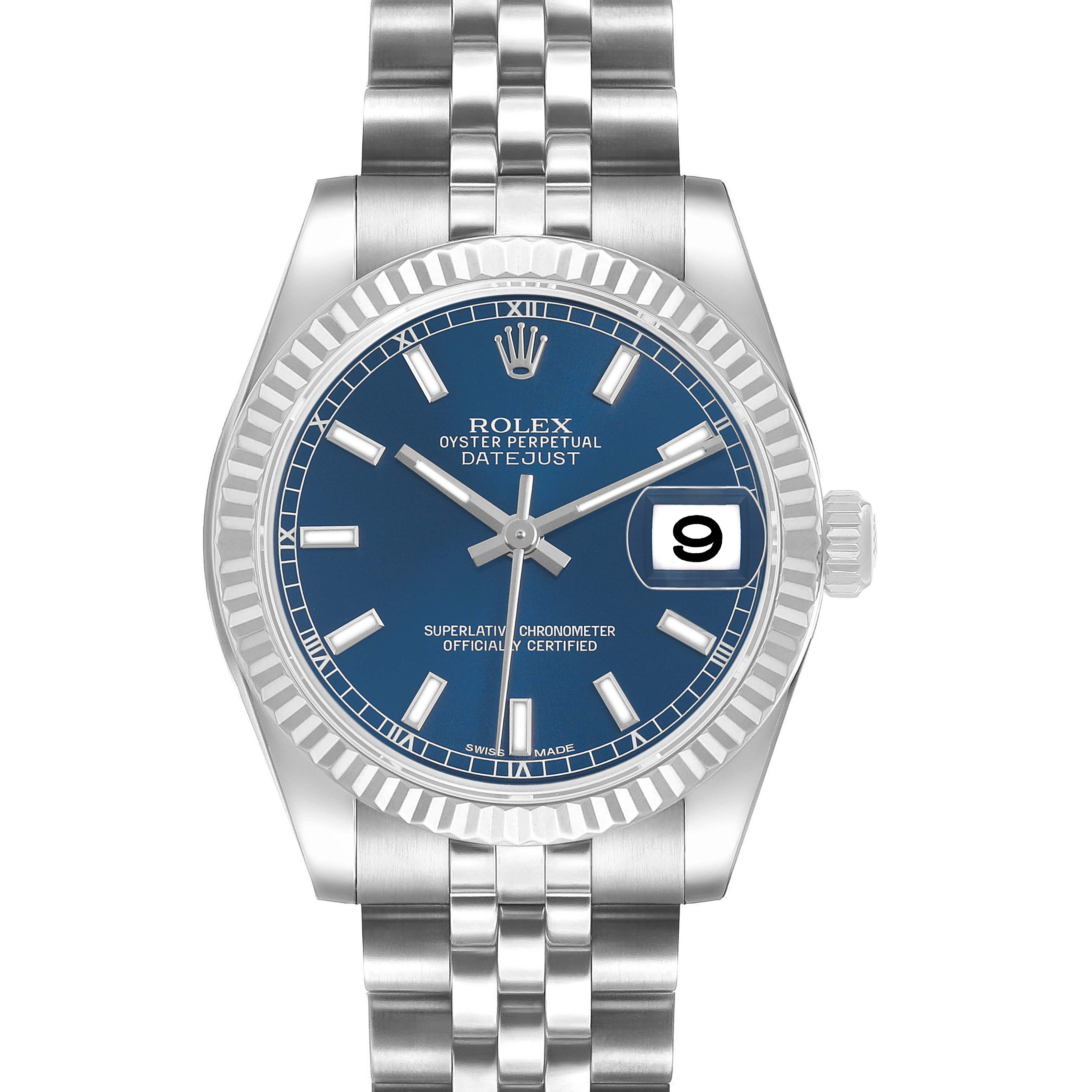The Rolex Mid-Size 178274 Women's Stainless Steel Blue Dial watch is shown from the front, highlighting the blue dial, date, and jubilee bracelet.