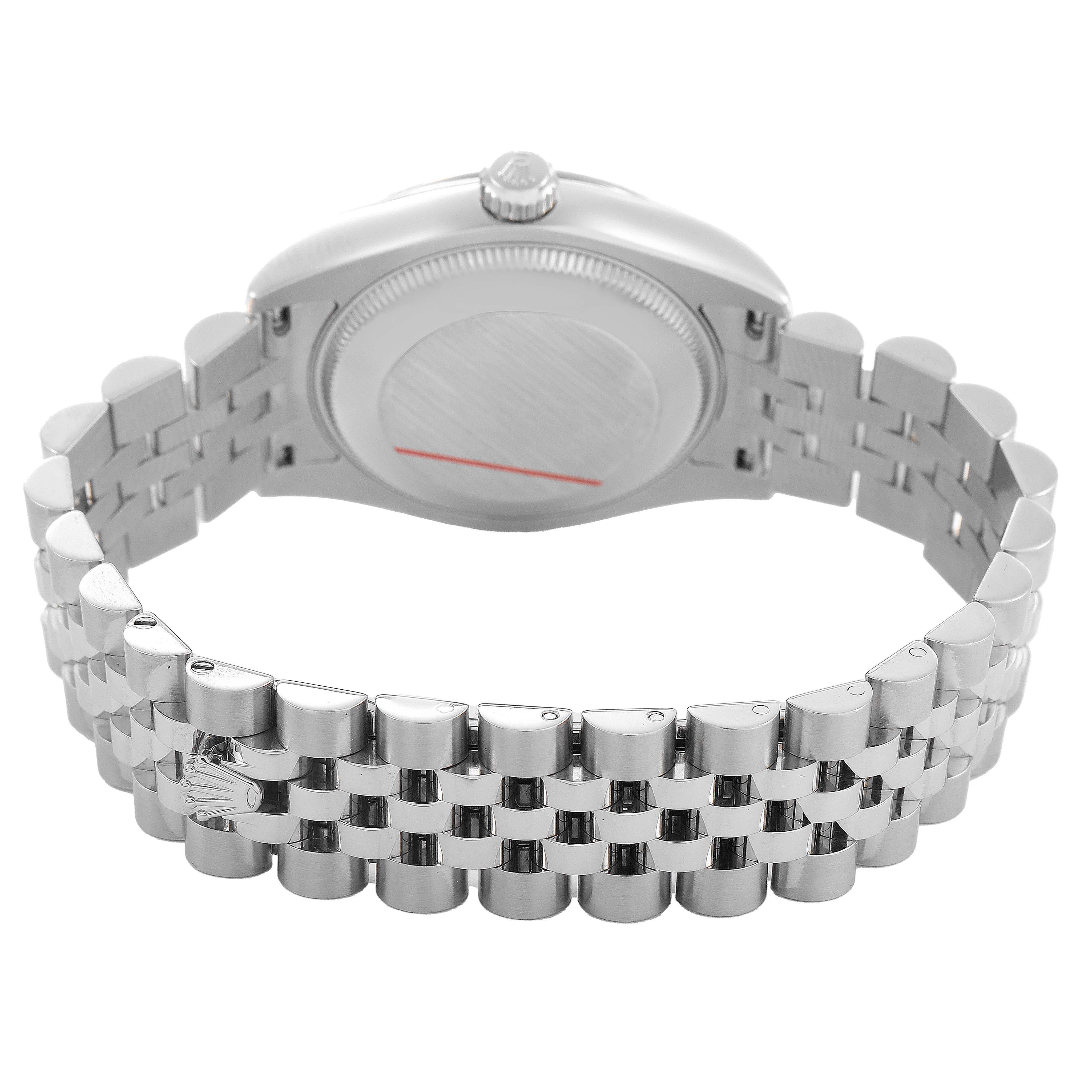 The image shows the back view of a Rolex Mid-Size 178274 Women's Stainless Steel Blue Dial watch, highlighting the case back and Jubilee bracelet with clasp.