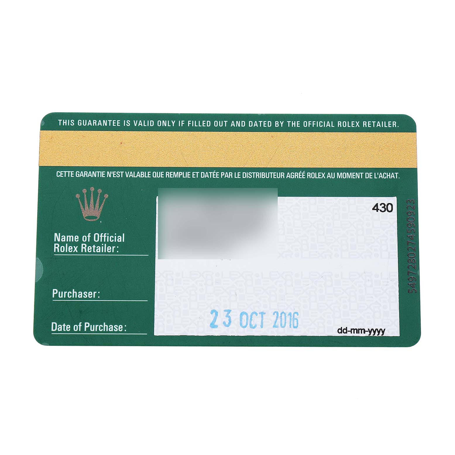The image shows a warranty card for the Rolex Mid-Size 178274 Women's Stainless Steel Blue Dial model.