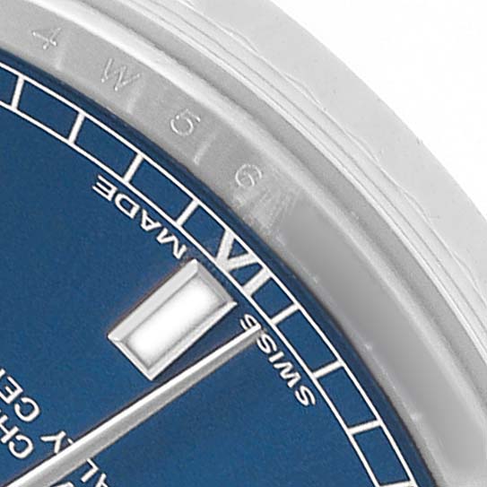 The image shows a close-up of the watch's dial and bezel of a Rolex Mid-Size 178274 Women's Stainless Steel Blue Dial model, featuring the edge and part of the hour marker.
