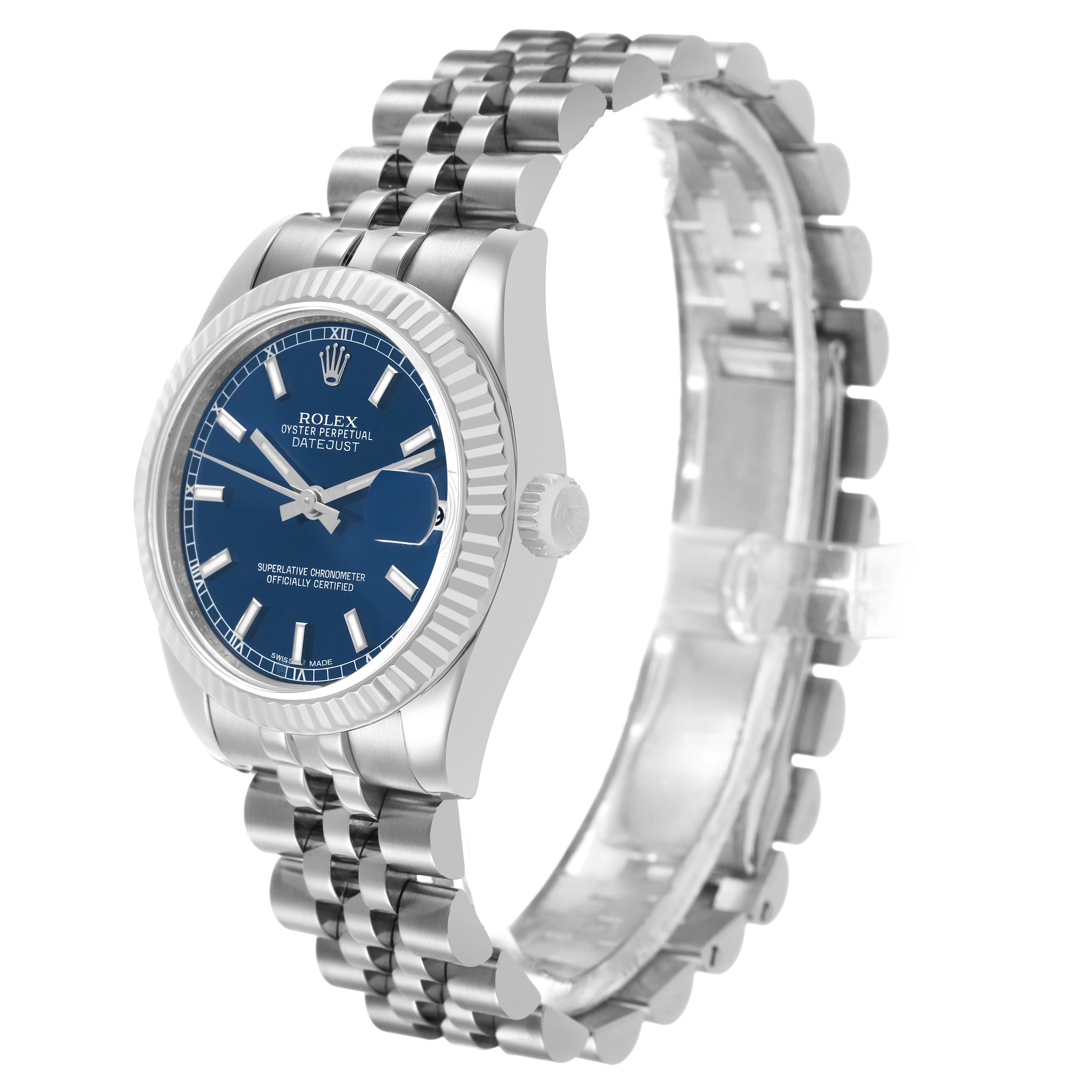 The Rolex mid-size model watch is shown from a three-quarter angle, displaying the dial, bezel, crown, and bracelet.