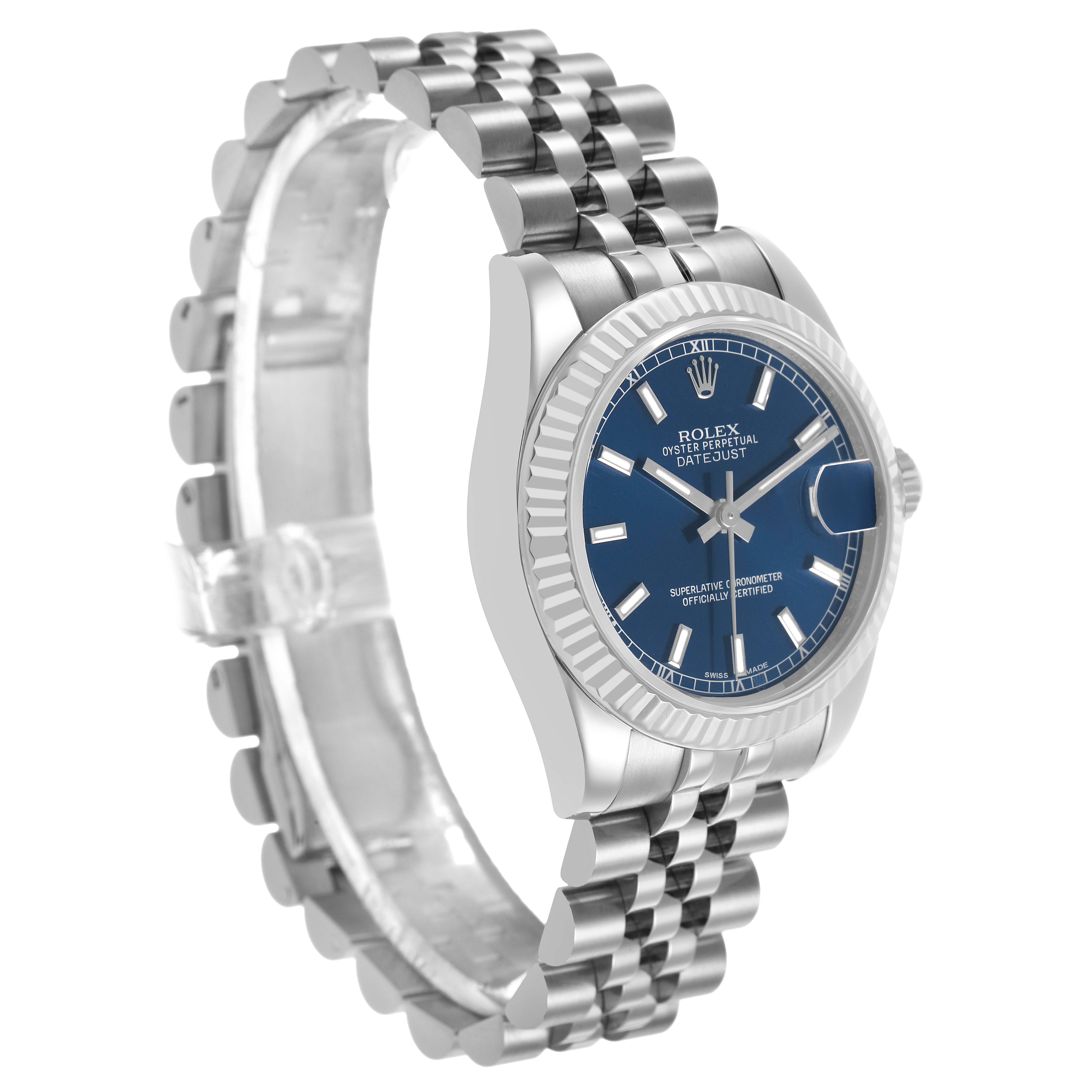 The Rolex Mid-Size 178274 Women's Stainless Steel Blue Dial model shows a side angle with a blue dial, fluted bezel, and Jubilee bracelet.