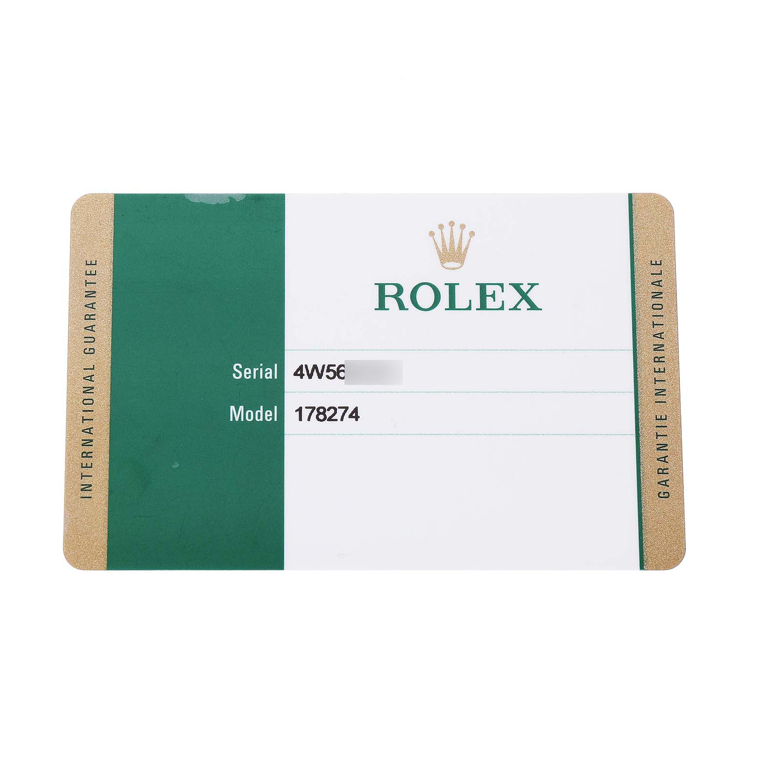The image shows a Rolex international guarantee card for the Mid-Size model 178274, displaying the serial number and brand logo.