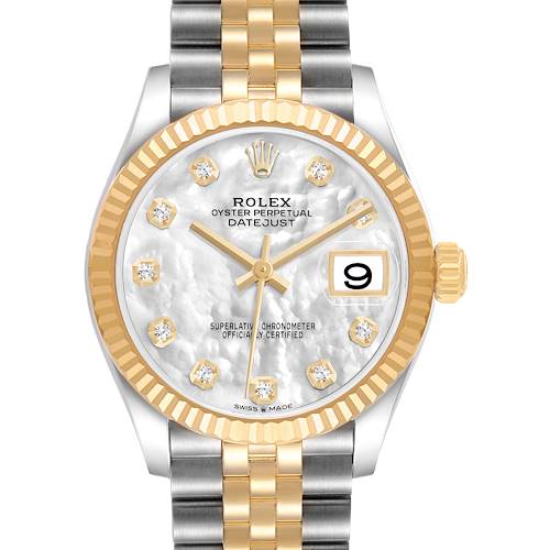 The Rolex Mid-Size 82598 Women's Steel and Gold (two tone) Mother of Pearl Dial Datejust is shown from the front, displaying its dial, bezel, crown, and bracelet.